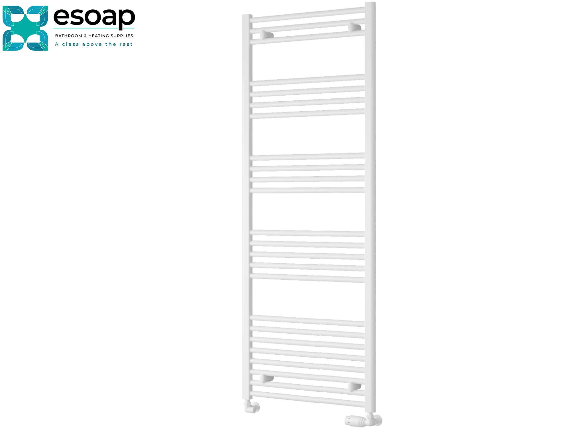 White towel radiator 1600 x 600 on a white background with 'esoap' branding.