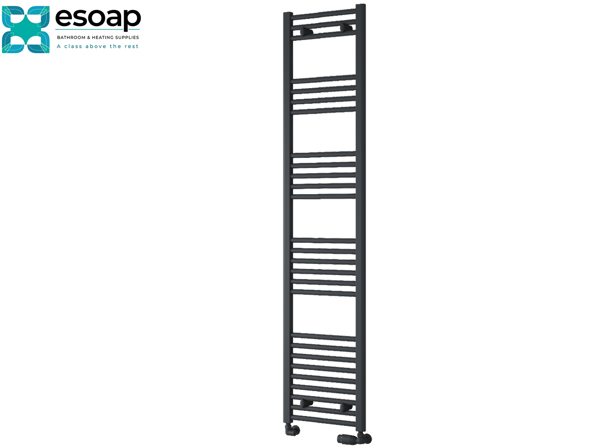 Black towel radiator 1800 x 400 on a white background with Esoap branding.