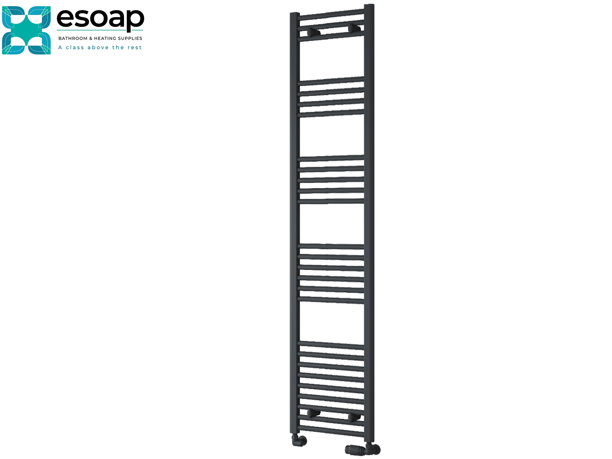 Black towel radiator 1800 x 400 on a white background with Esoap branding.