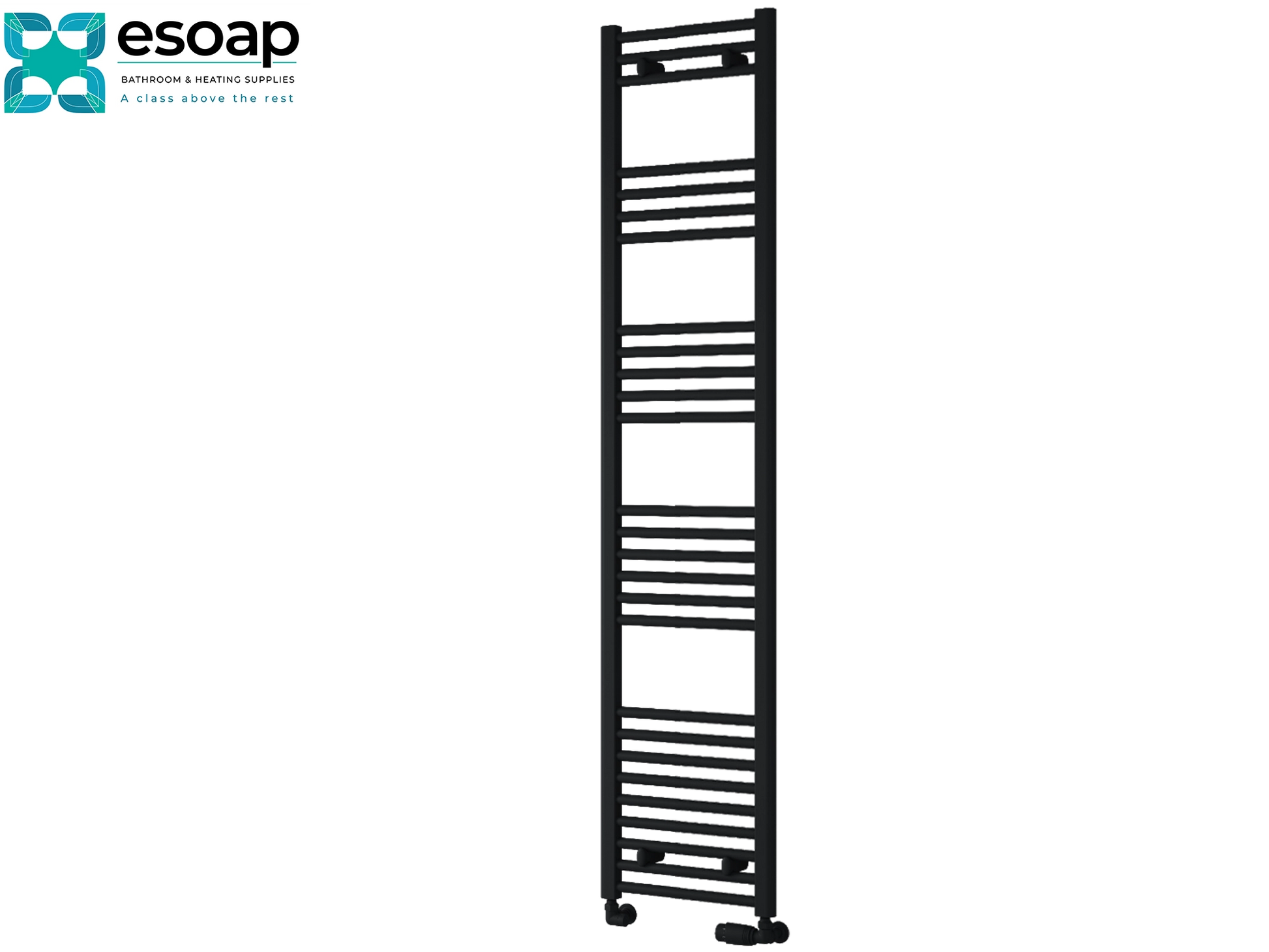 Black towel radiator 1800 x 400 on a white background with Esoap branding.