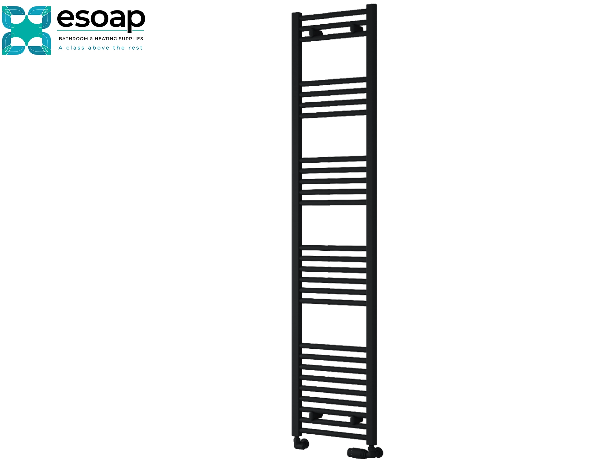 Black towel radiator 1800 x 400 on a white background with Esoap branding.