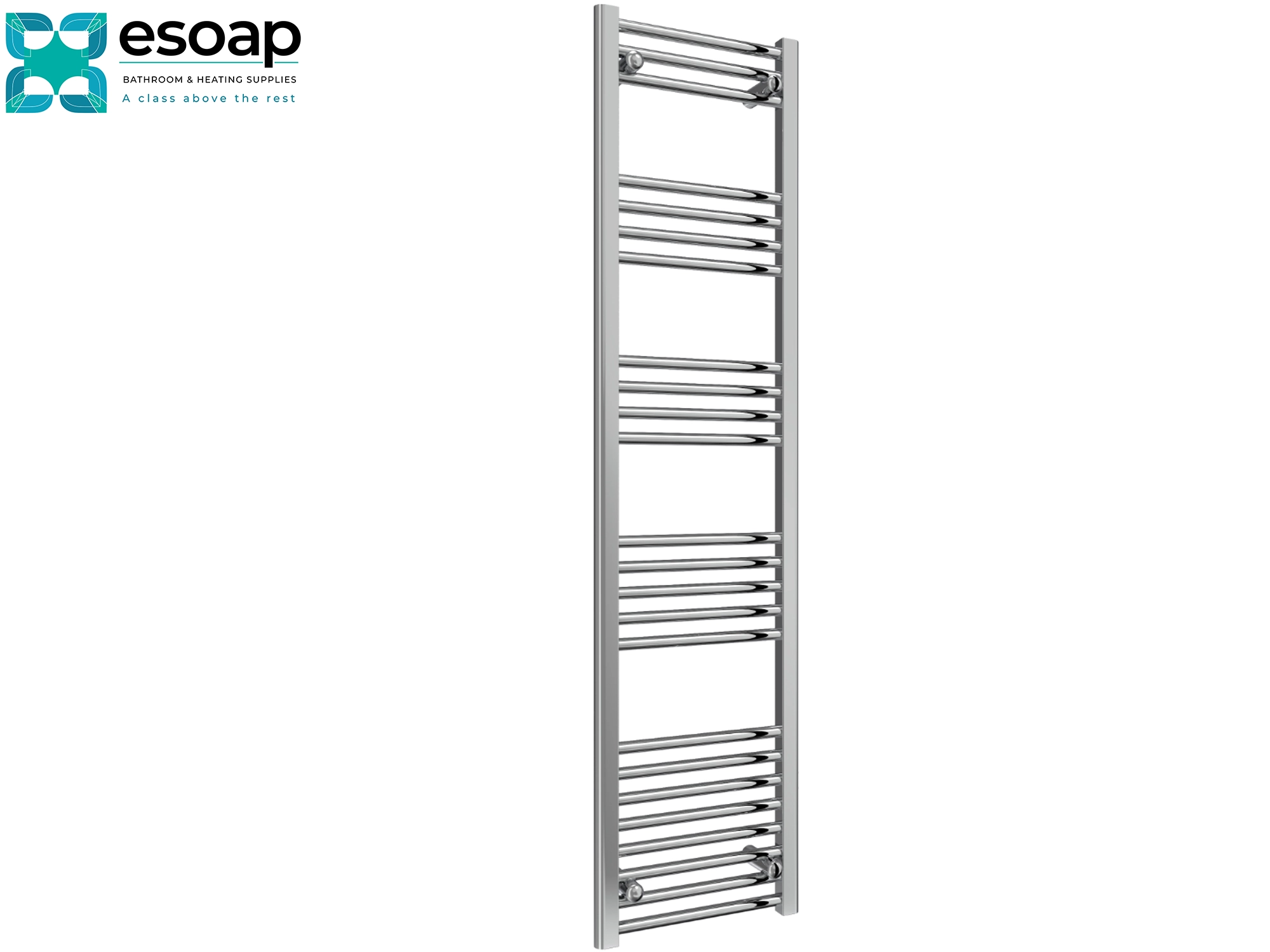 Chrome towel radiator 1800 x 400 on a white background with Esoap branding.