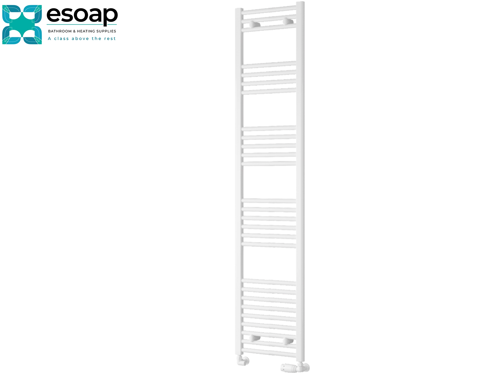 White towel radiator 1800 x 400 on a white background with 'esoap' branding.