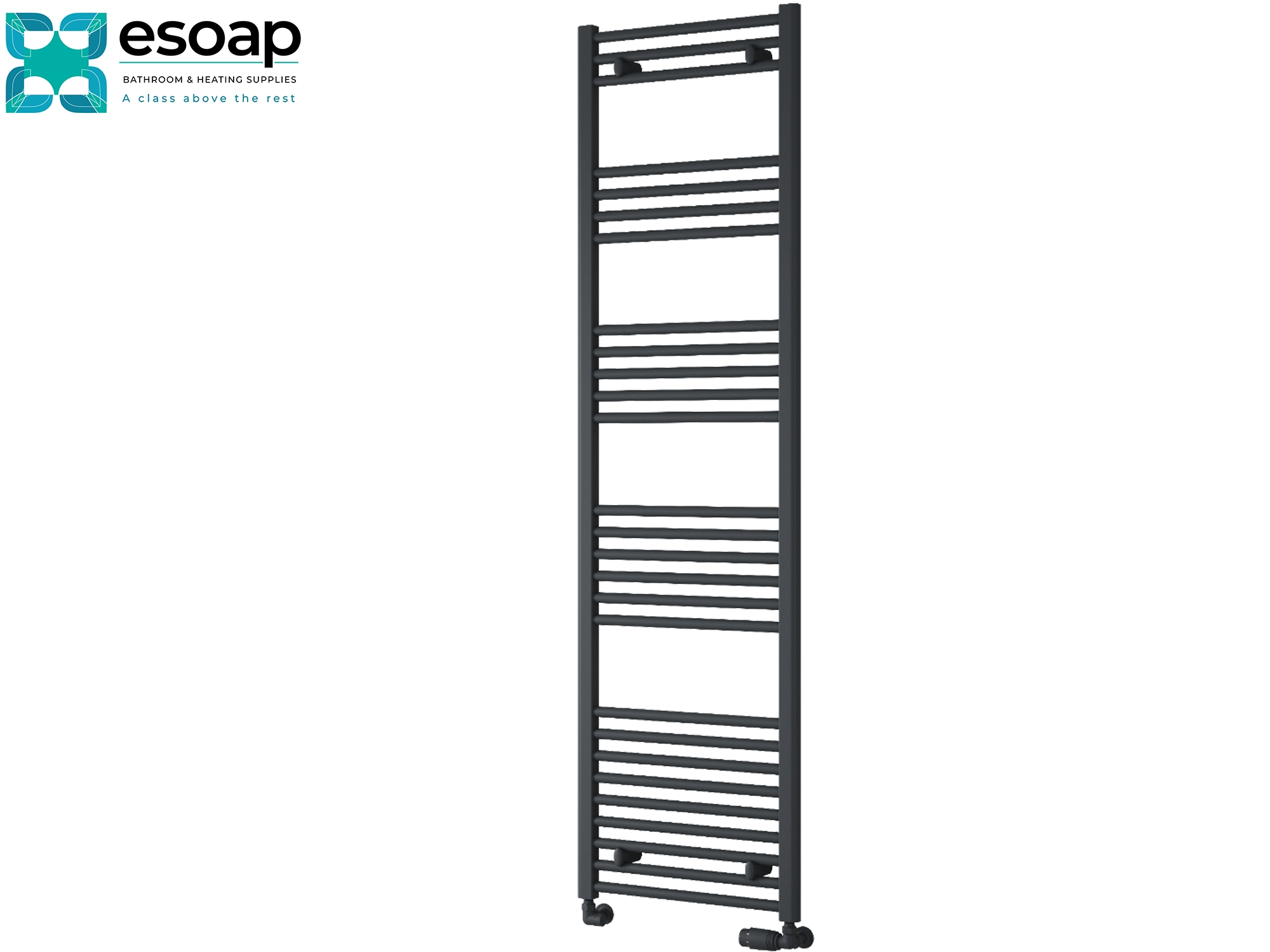 Black towel radiator 1800 x 500 on a white background with 'eSoap' branding.