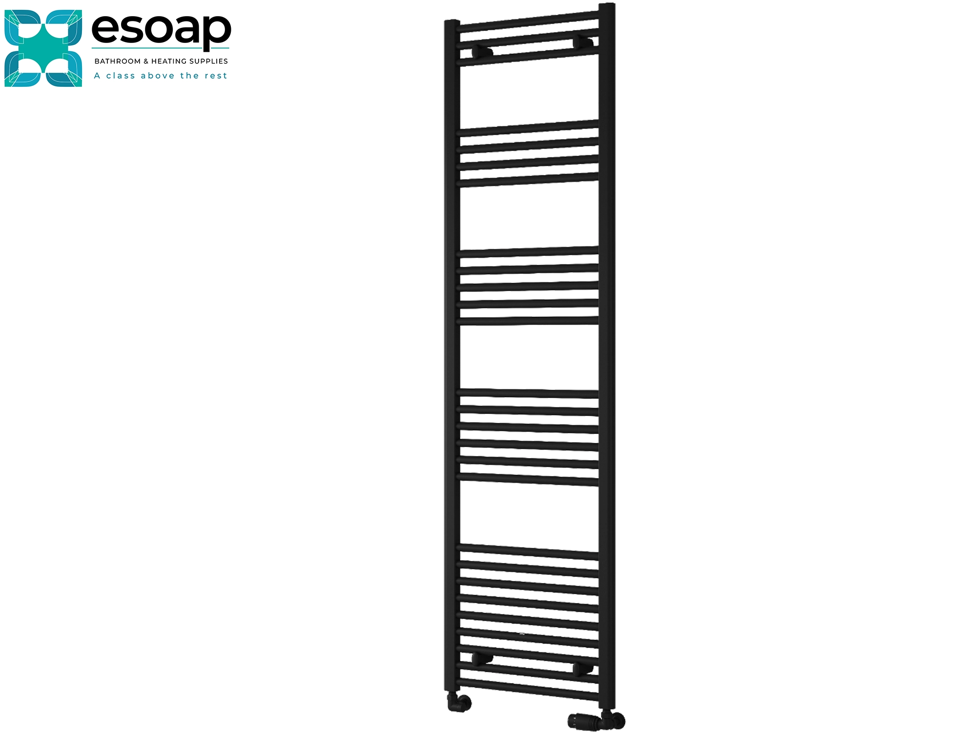 Black towel radiator 1800 x 500 on a white background with 'esop' branding.