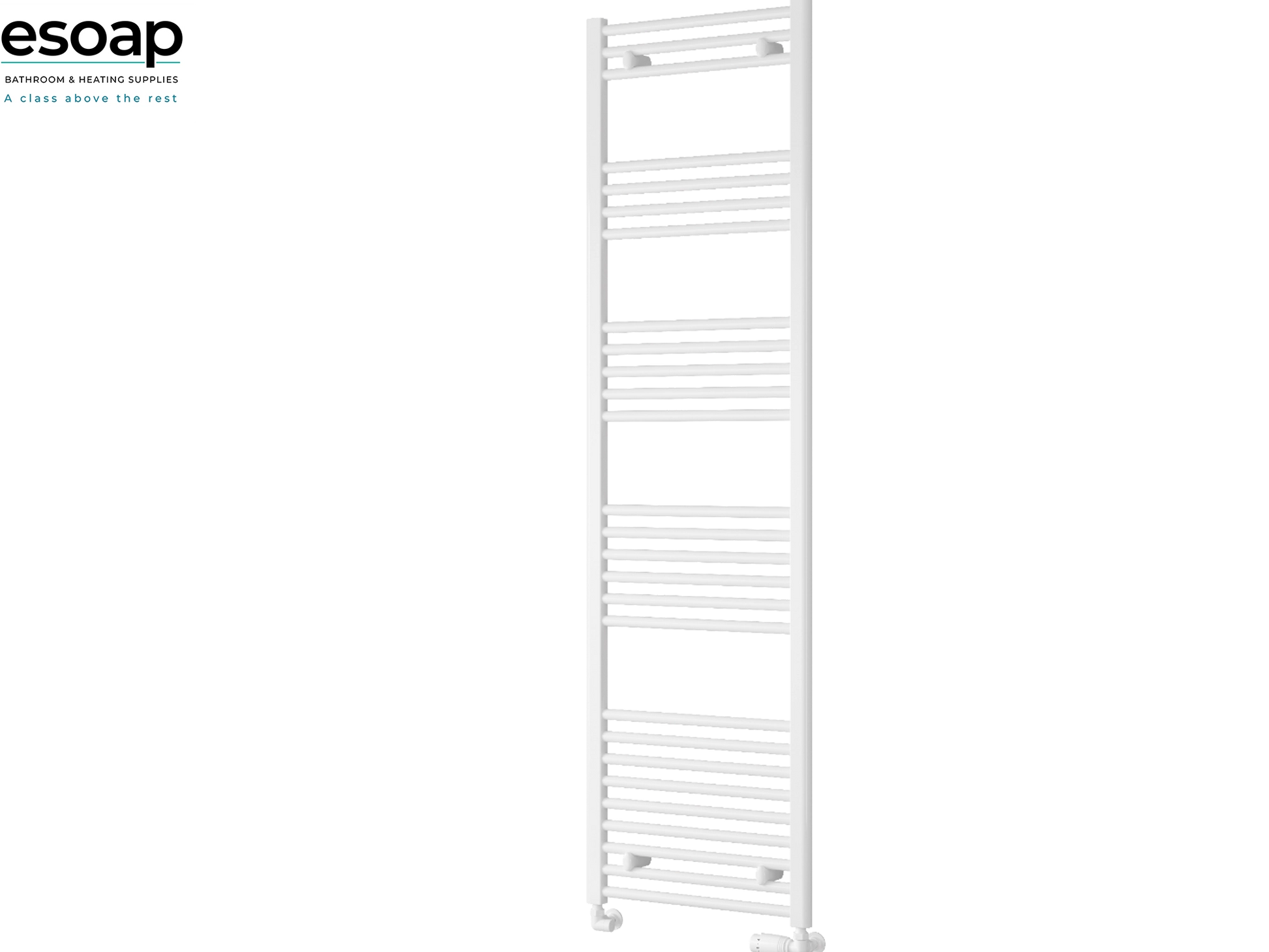 White capo towel radiator 1800 x 500 on white background featuring esoap branding