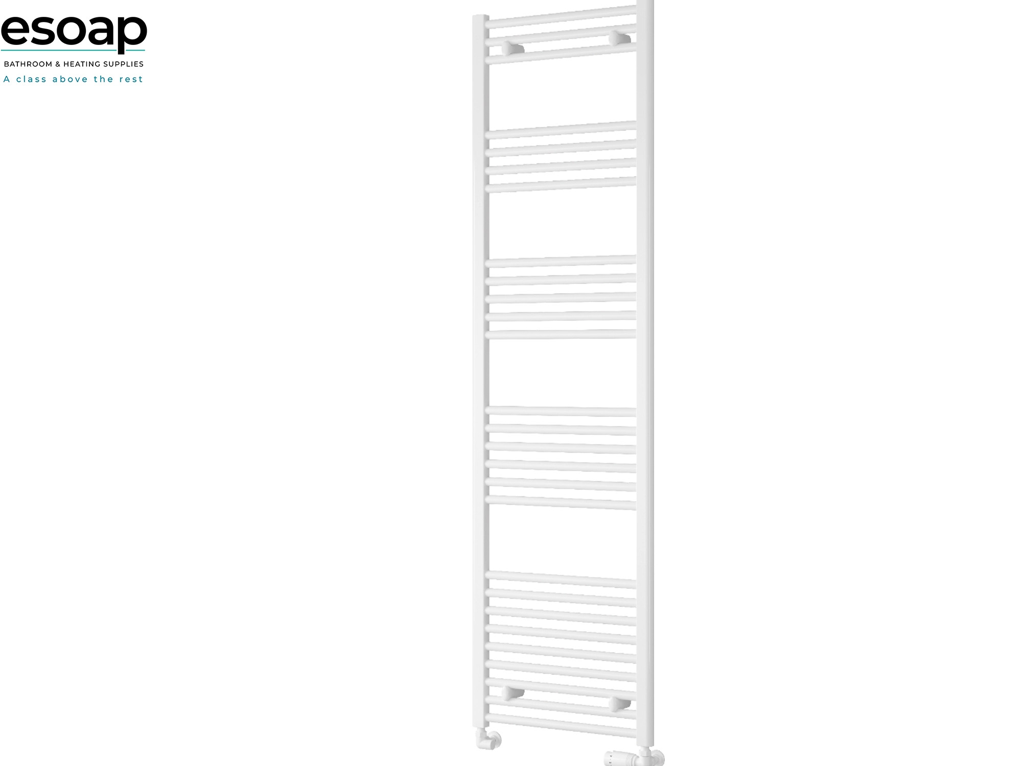 White capo towel radiator 1800 x 500 on white background featuring esoap branding