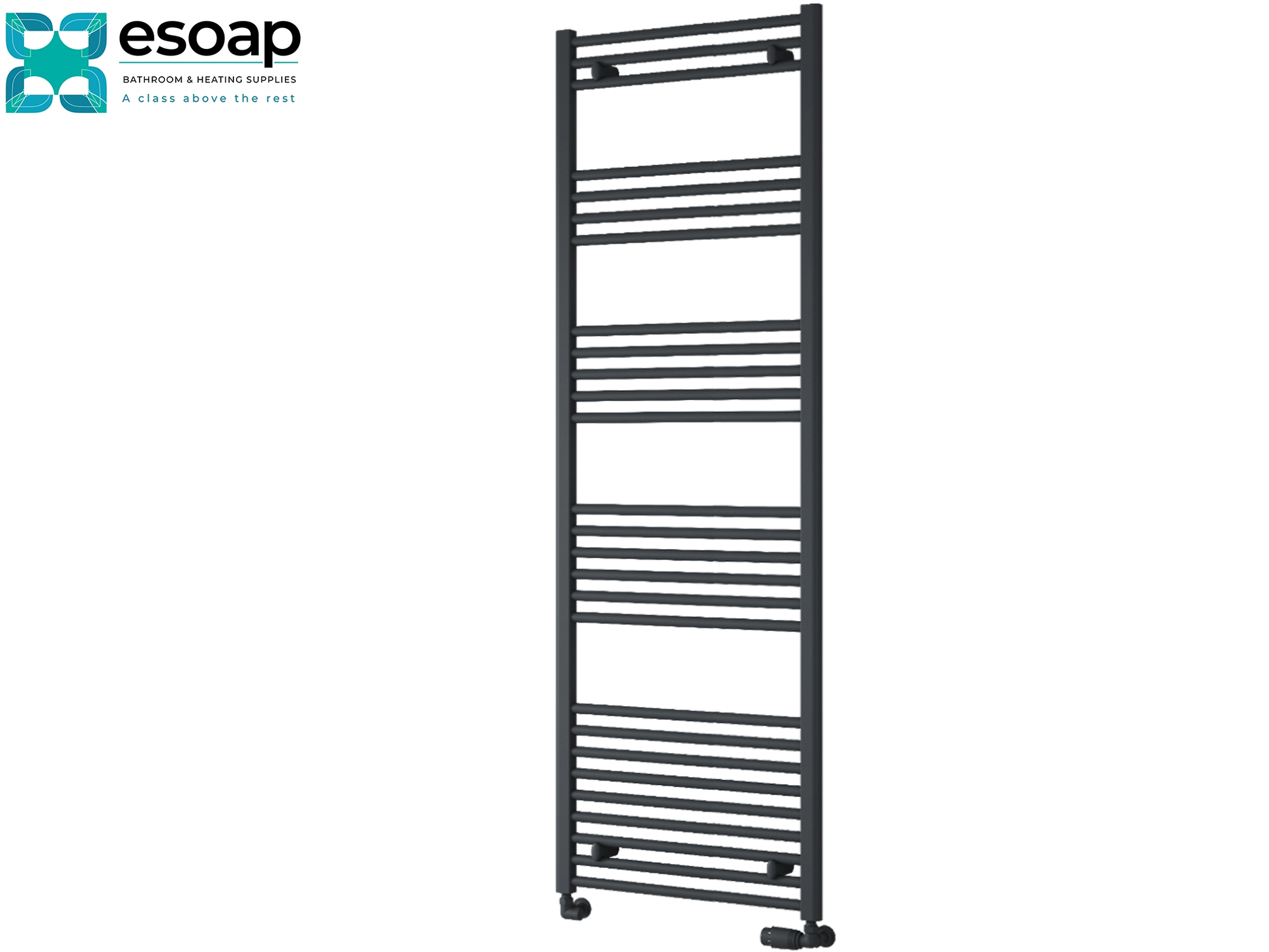 Anthracite capo towel radiator 1800 x 600 on white background featuring esoap branding