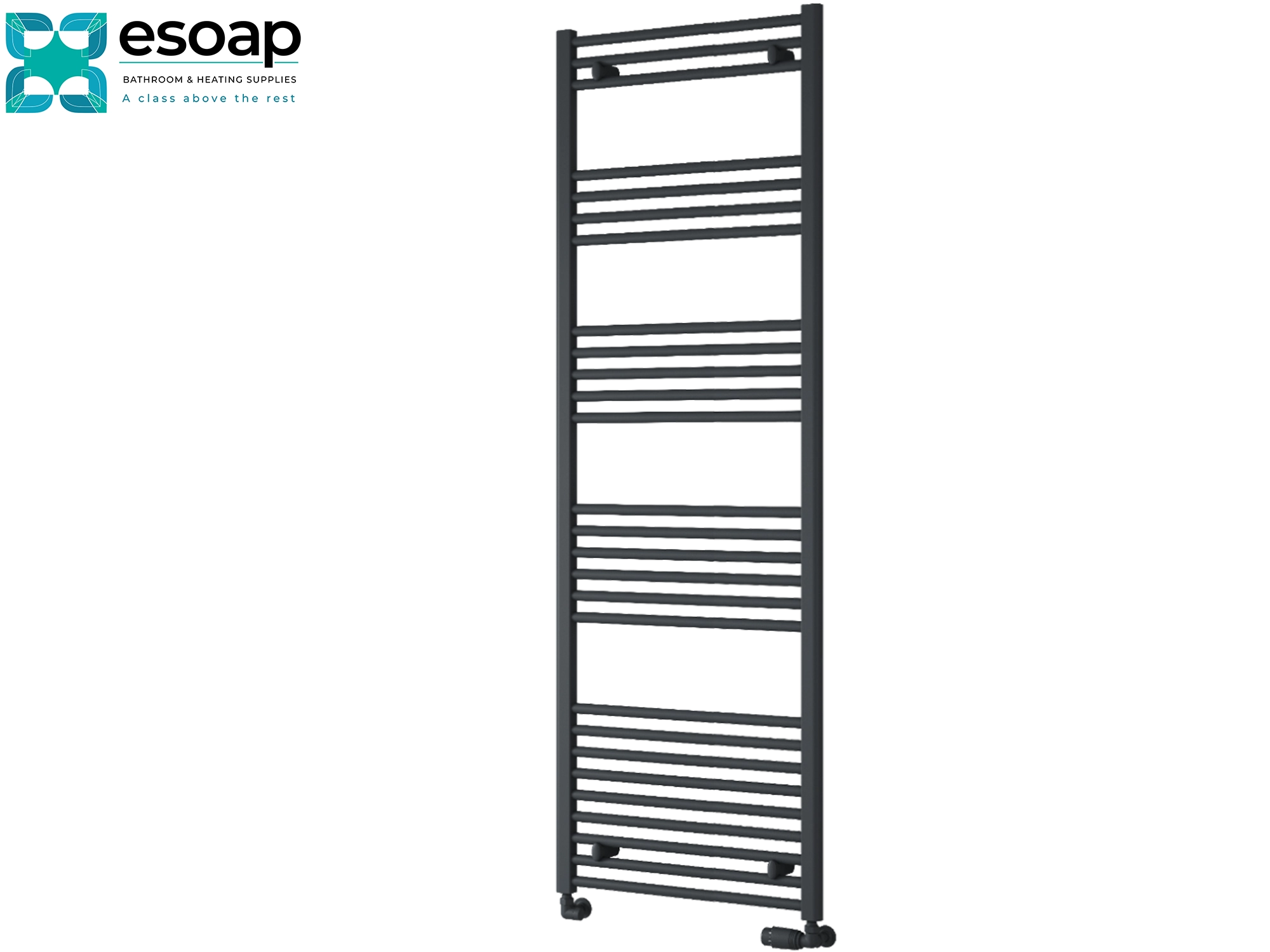Anthracite capo towel radiator 1800 x 600 on white background featuring esoap branding
