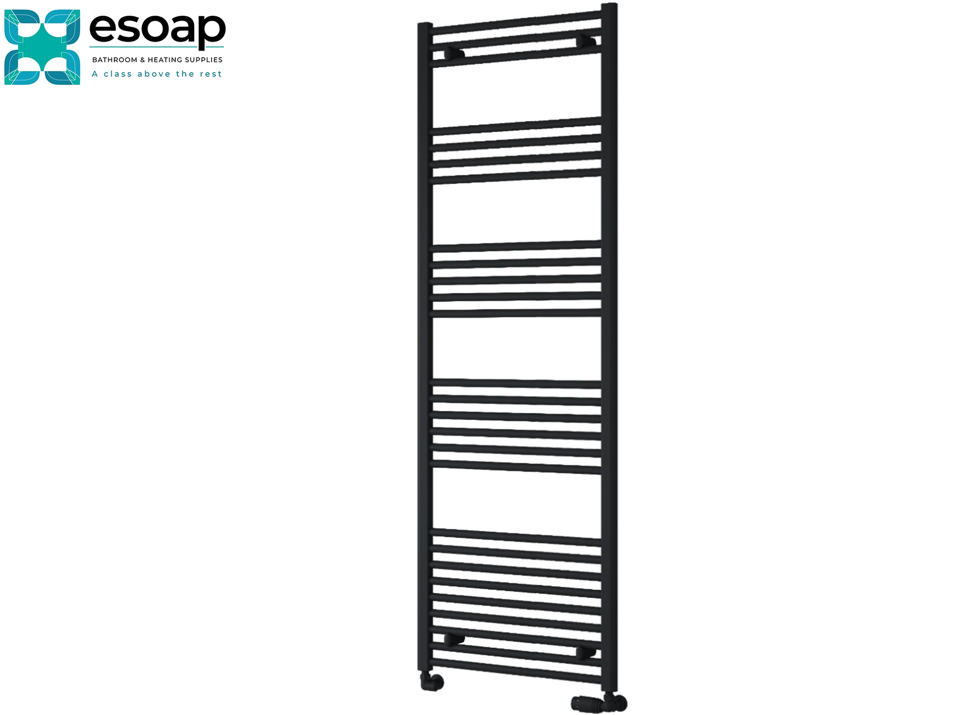 Black capo towel radiator 1800 x 600 on white background featuring esoap brand