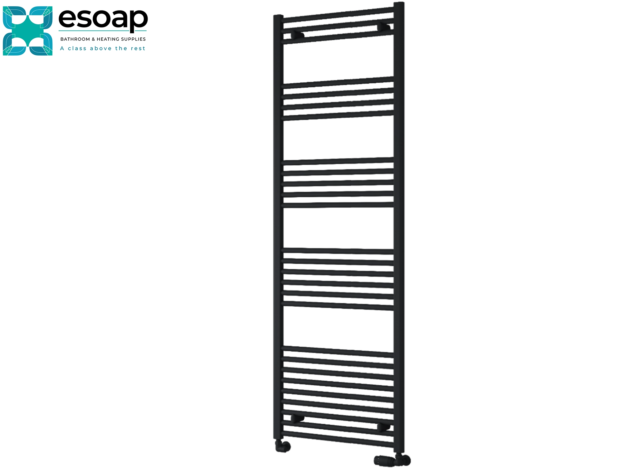 Black capo towel radiator 1800 x 600 on white background featuring esoap brand