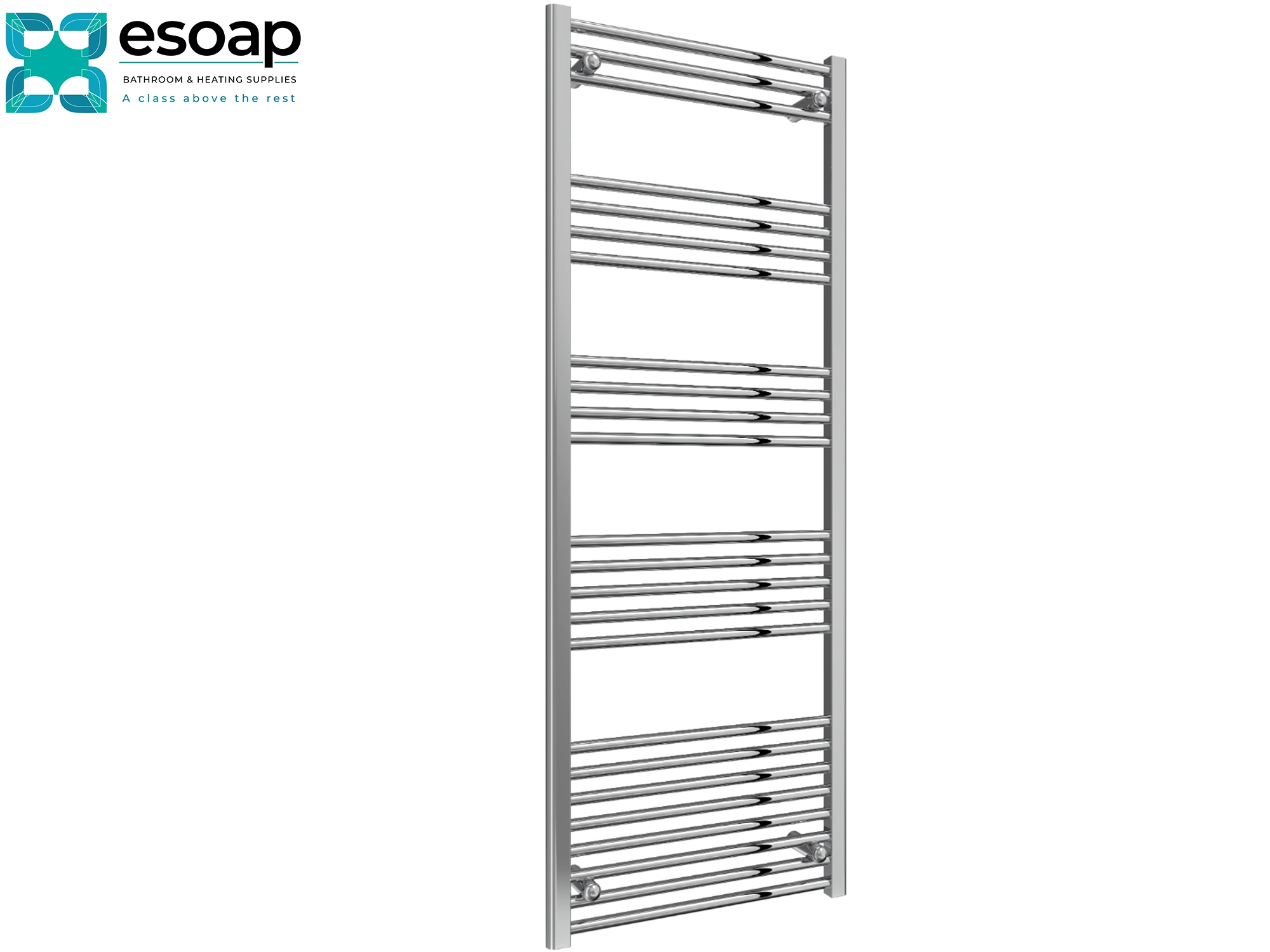 Chrome capo towel radiator 1800 x 600 on white background featuring esoap branding