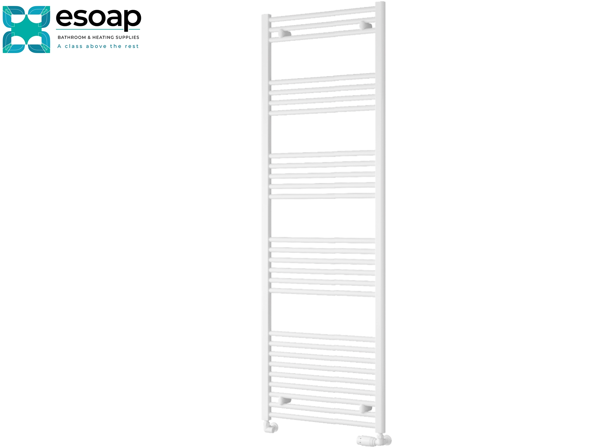 white Flat towel radiator 1800 x 600 on white background with esoap branding 