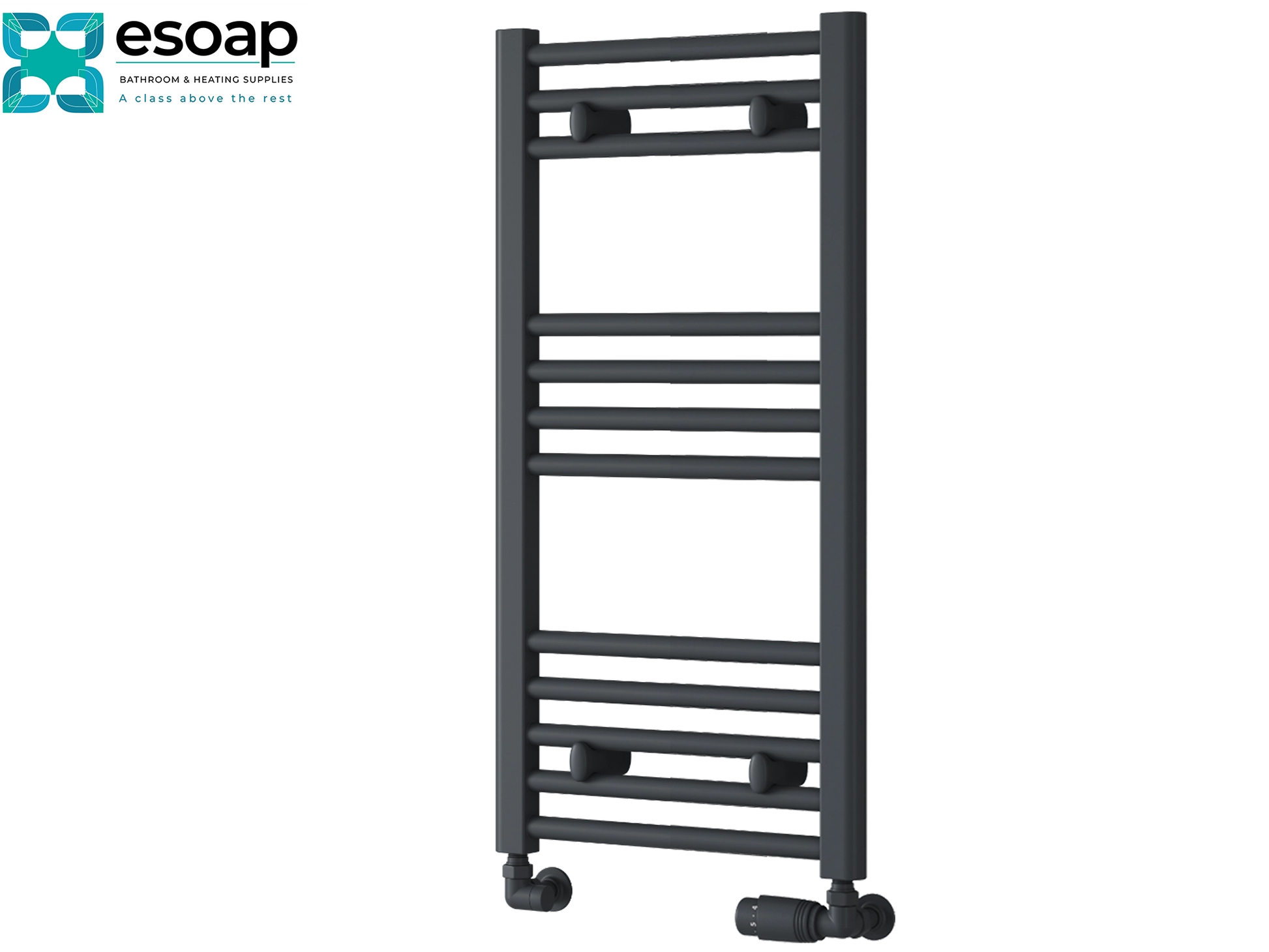 anthracite 800x400 heated towel rail on a white background with Esoap branding.
