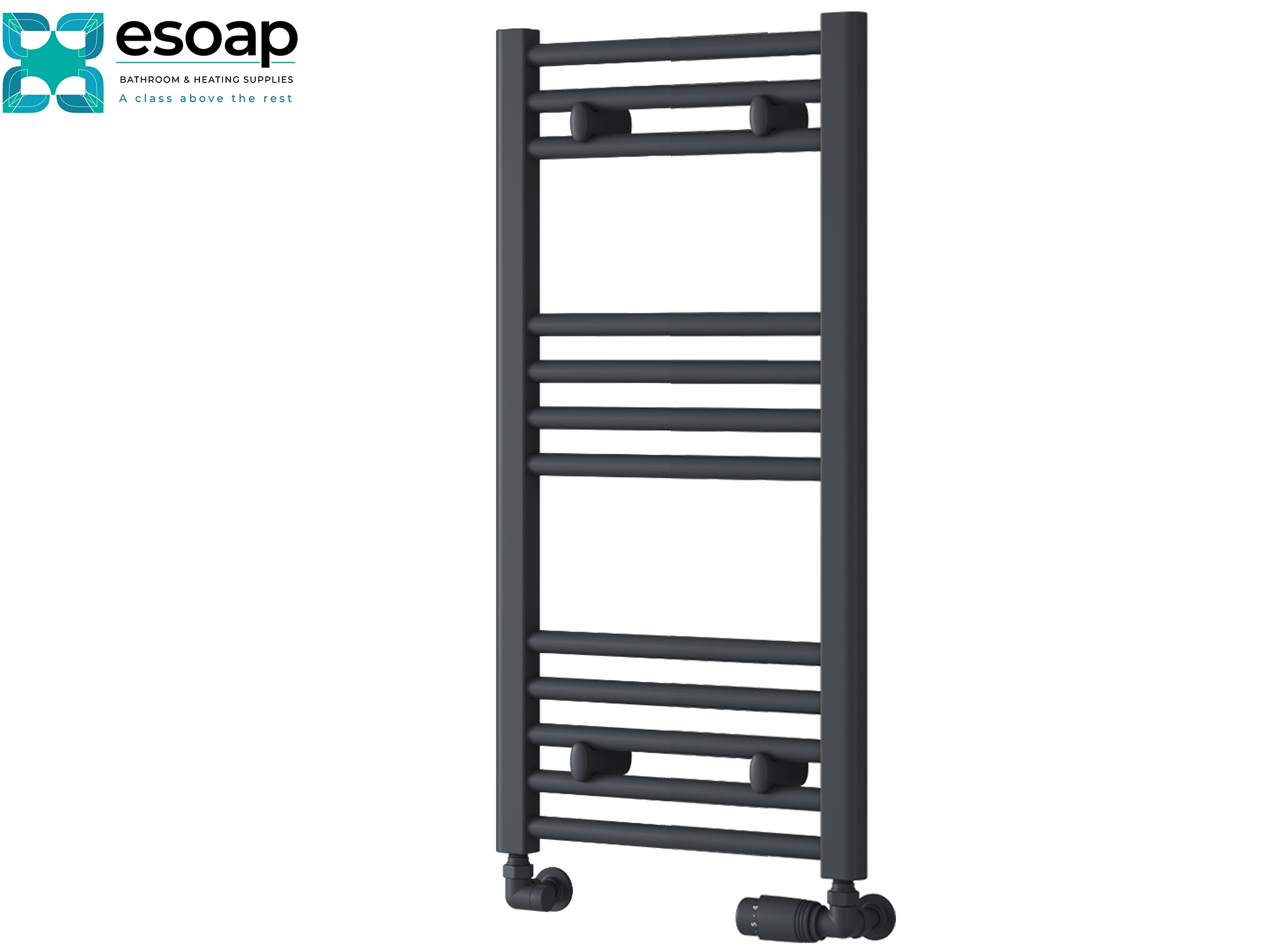 anthracite 800x400 heated towel rail on a white background with Esoap branding.