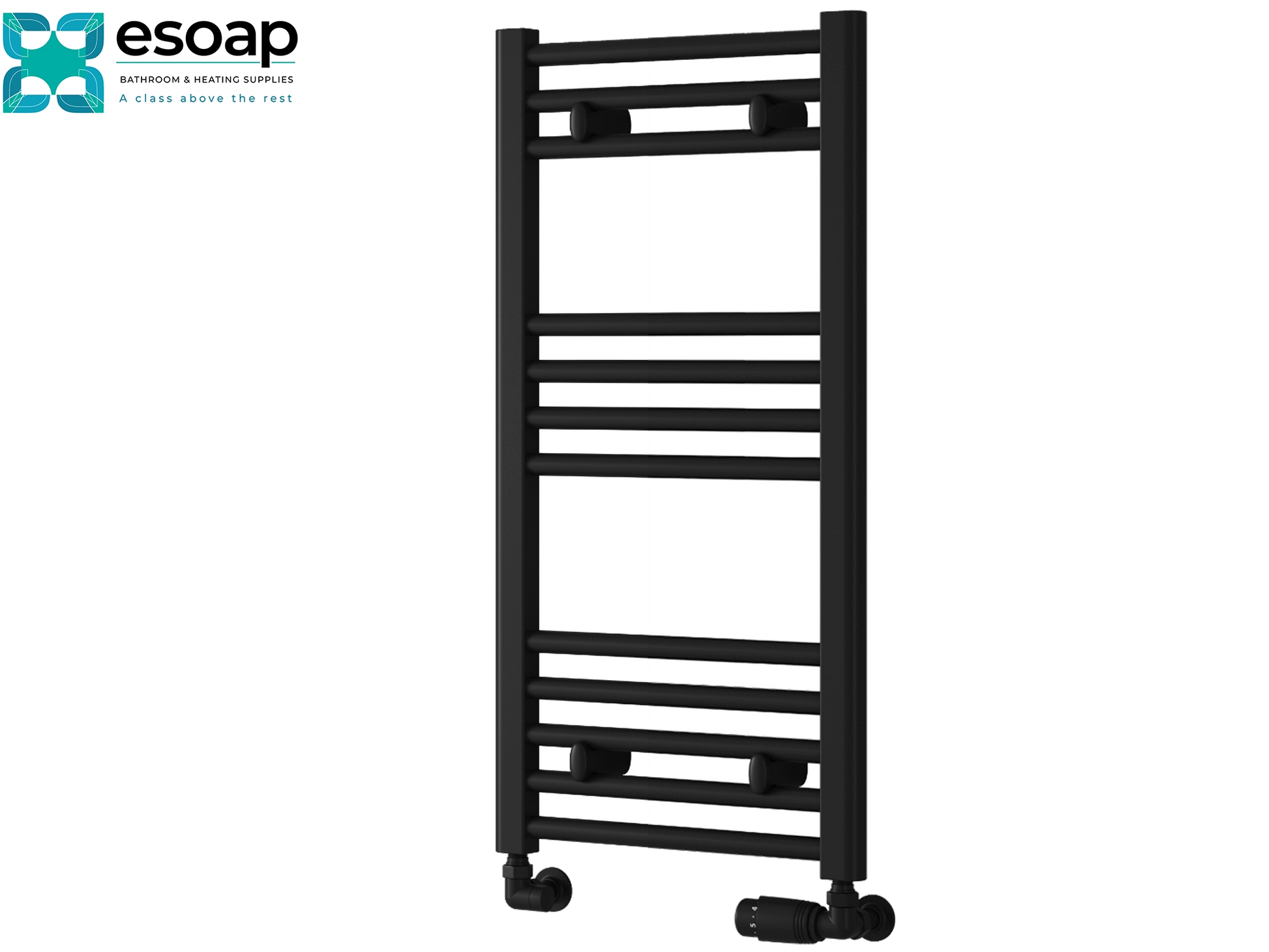 Black towel radiator 800x400 on a white background with Esoap branding.