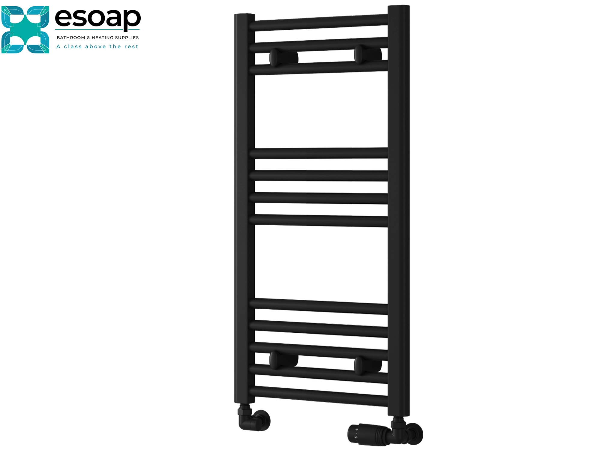 Black towel radiator 800x400 on a white background with Esoap branding.