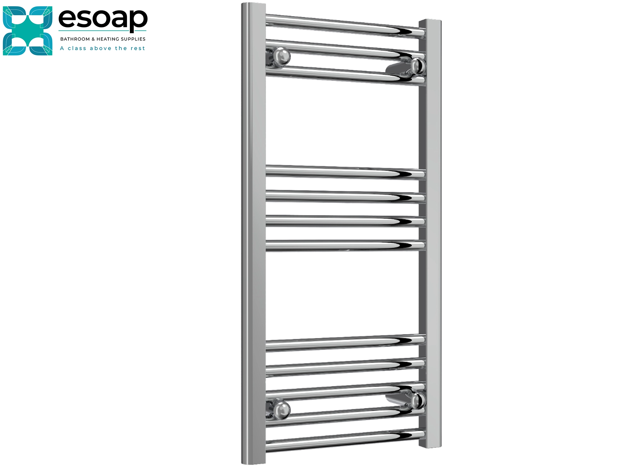 Chrome towel radiator 800x400 on a white background with 'esoap' branding.