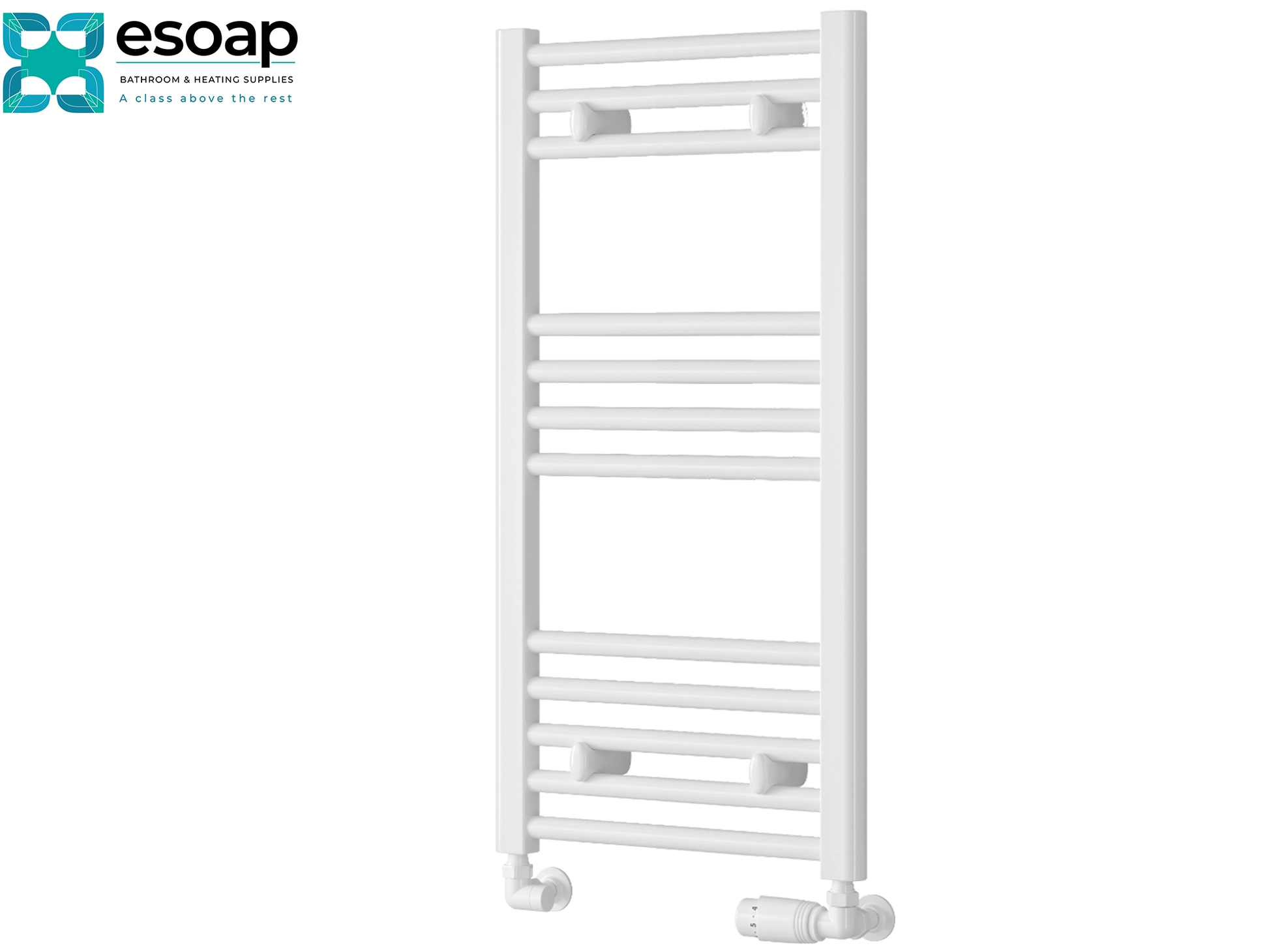 White towel radiator 800x400 on a white background with Esoap branding.