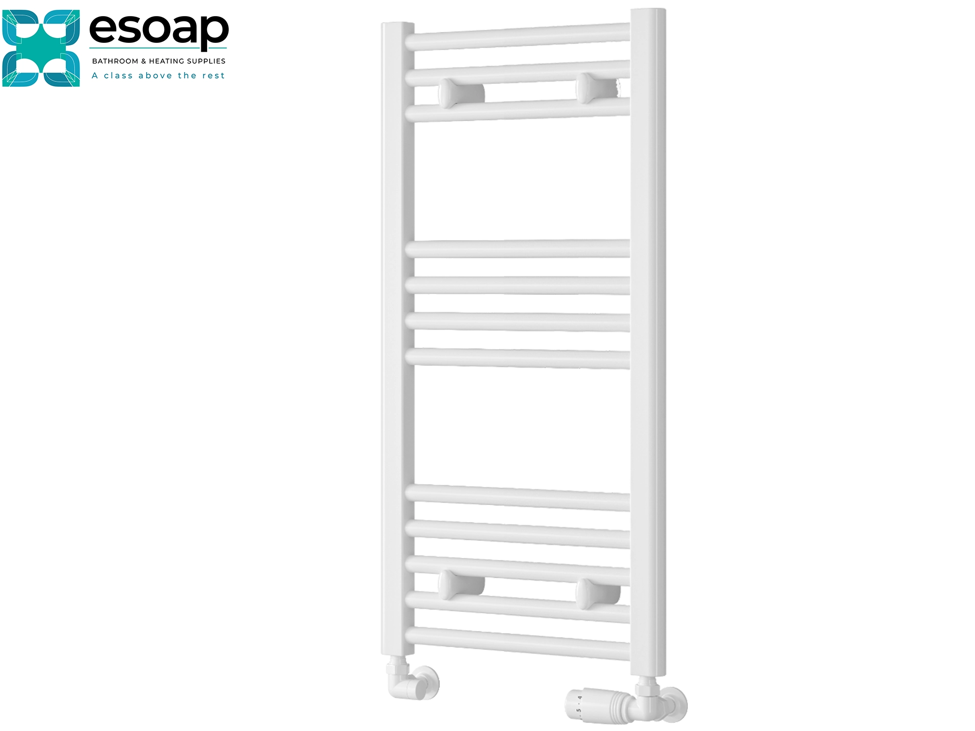 White towel radiator 800x400 on a white background with Esoap branding.