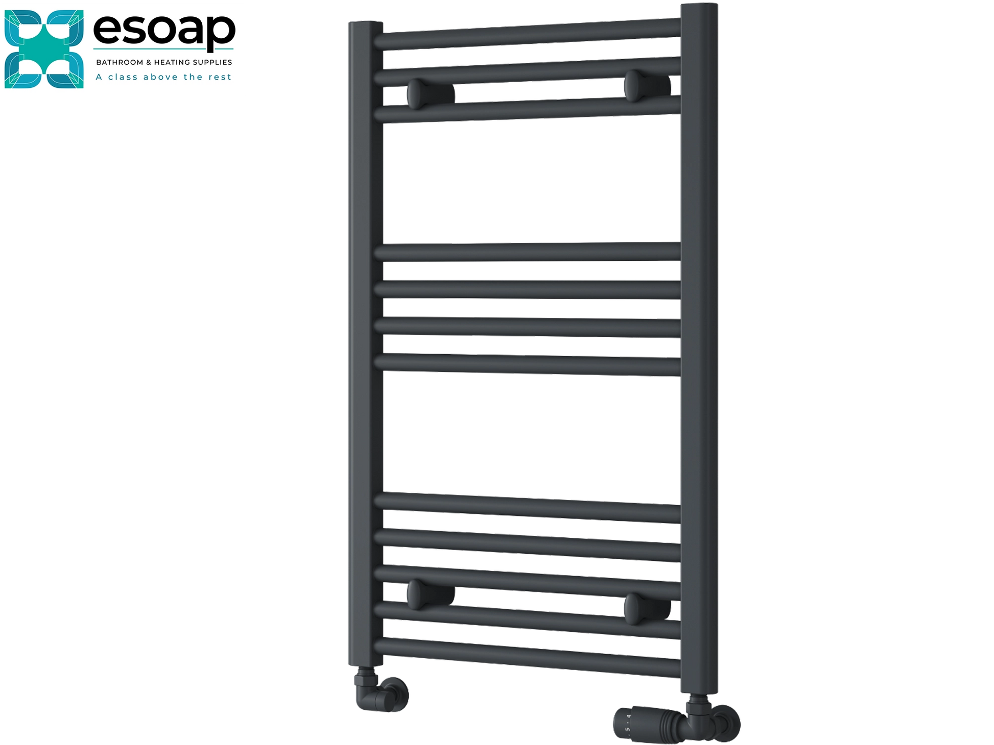 anthracite 800x500 towel radiator on a white background with 'esoap' branding.