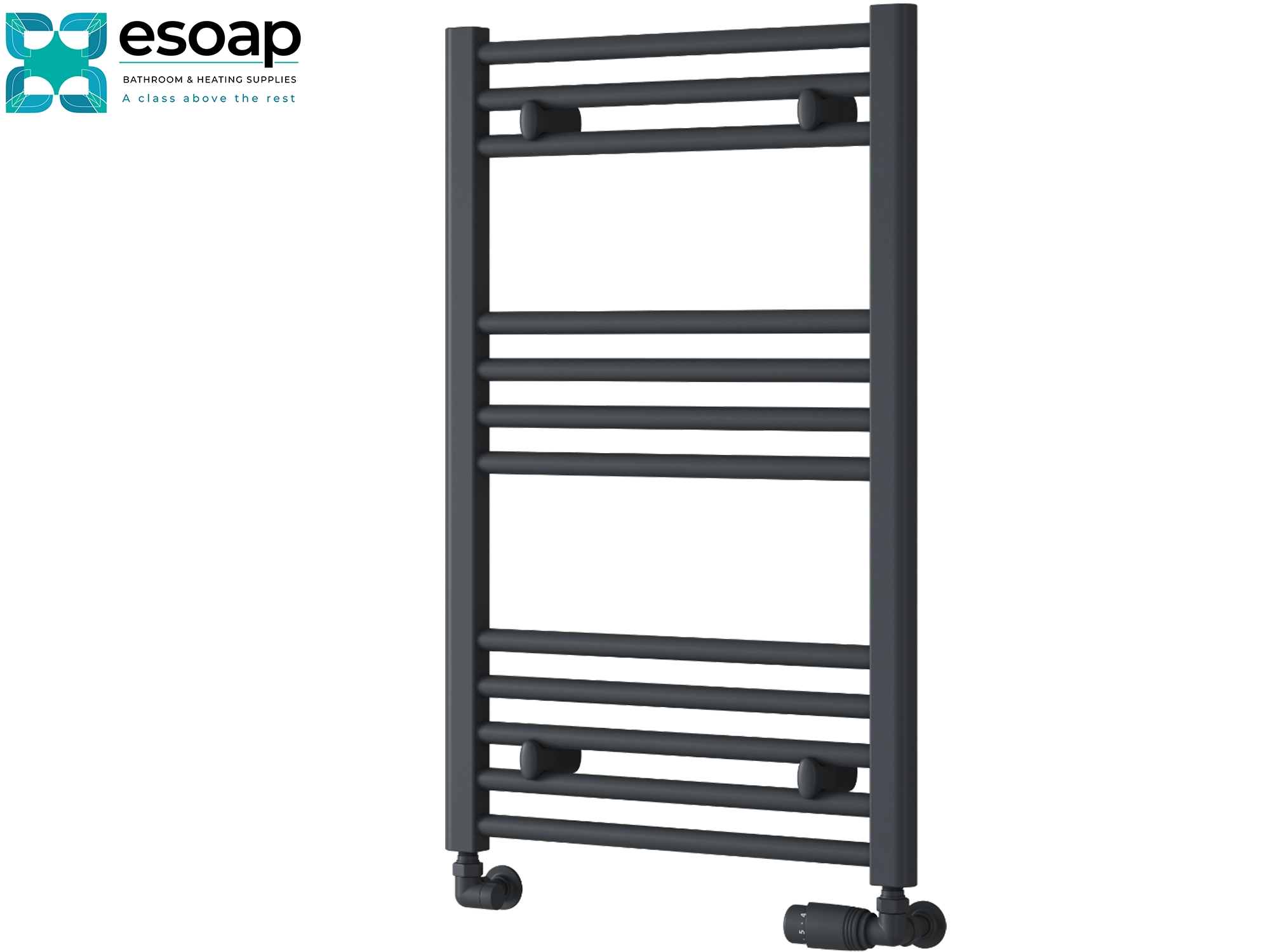 anthracite 800x500 towel radiator on a white background with 'esoap' branding.