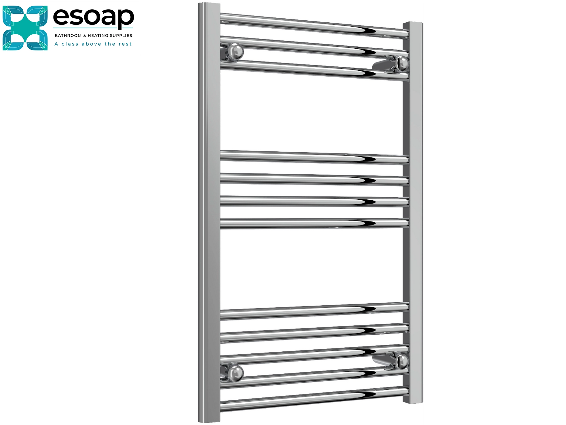 Chrome towel radiator 800x500 on a white background with Esoap logo.