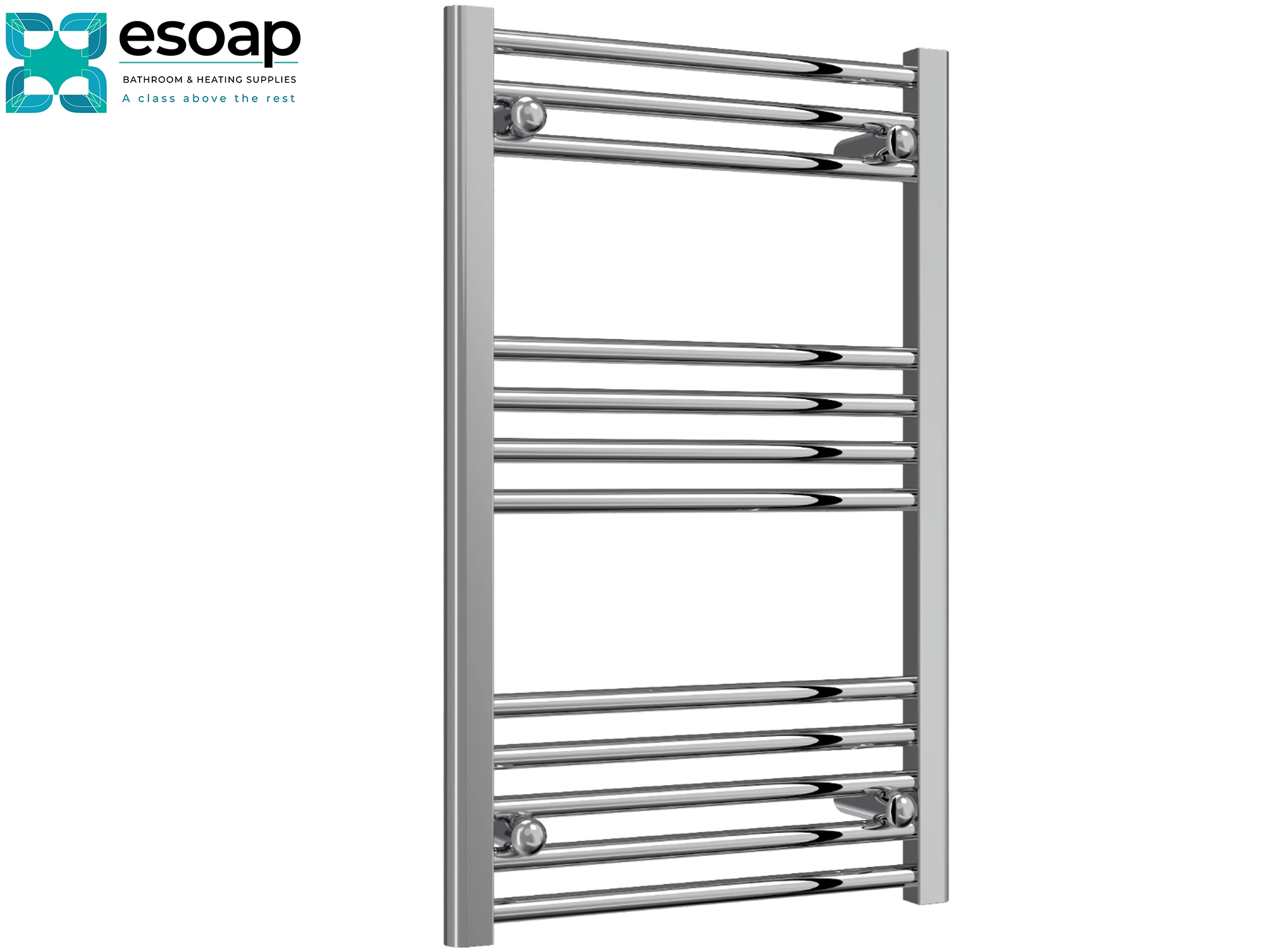 Chrome towel radiator capo flat electric 800 x 500 on a white background with Esoap logo.