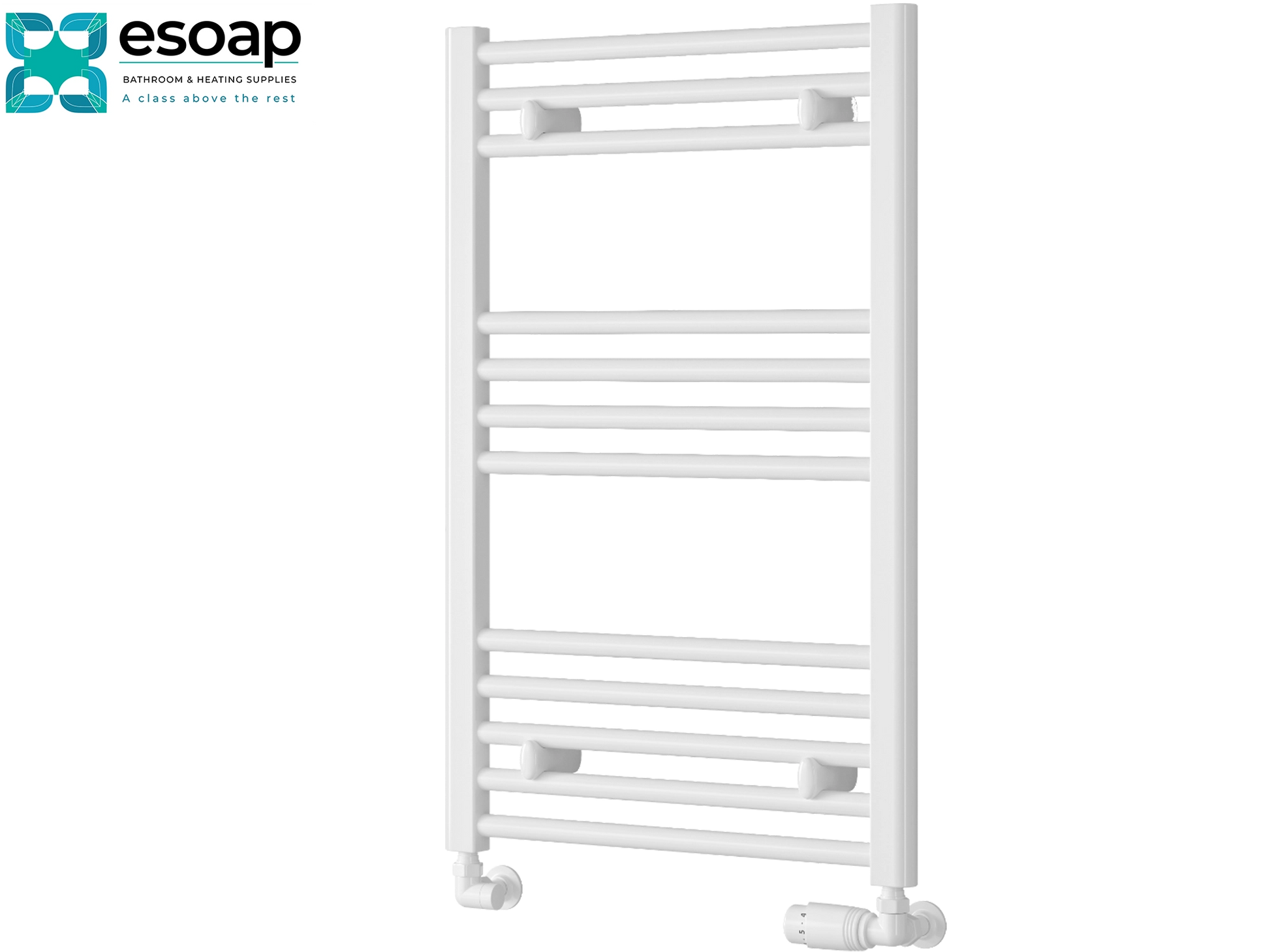 White towel radiator 800x500 on a white background with 'esoap' branding.