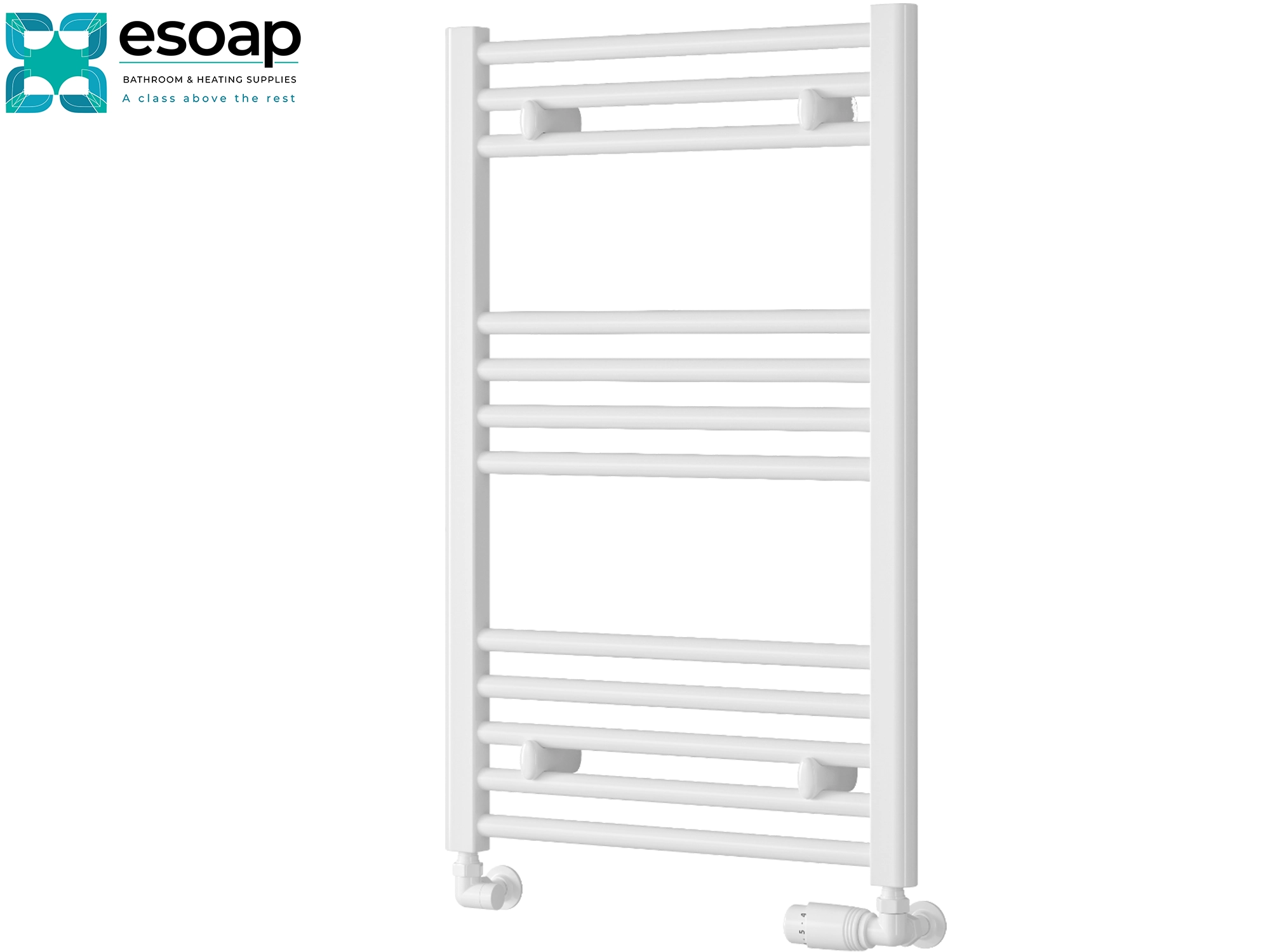 White towel radiator 800x500 on a white background with 'esoap' branding.