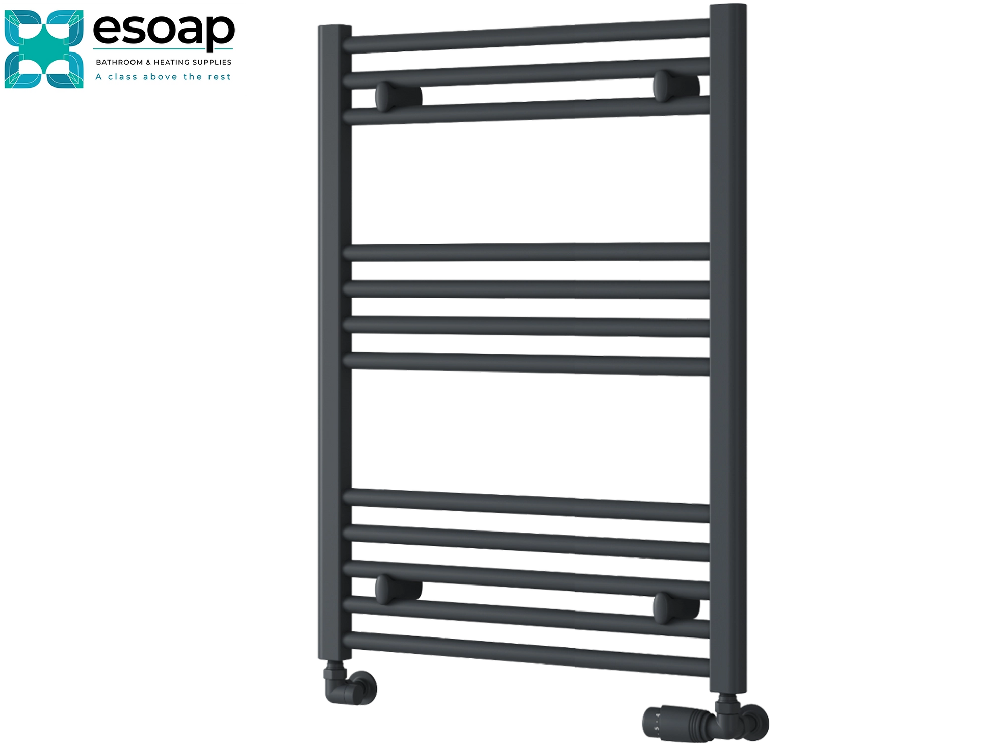 Anthracite towel radiator on a white background with Esoap logo.