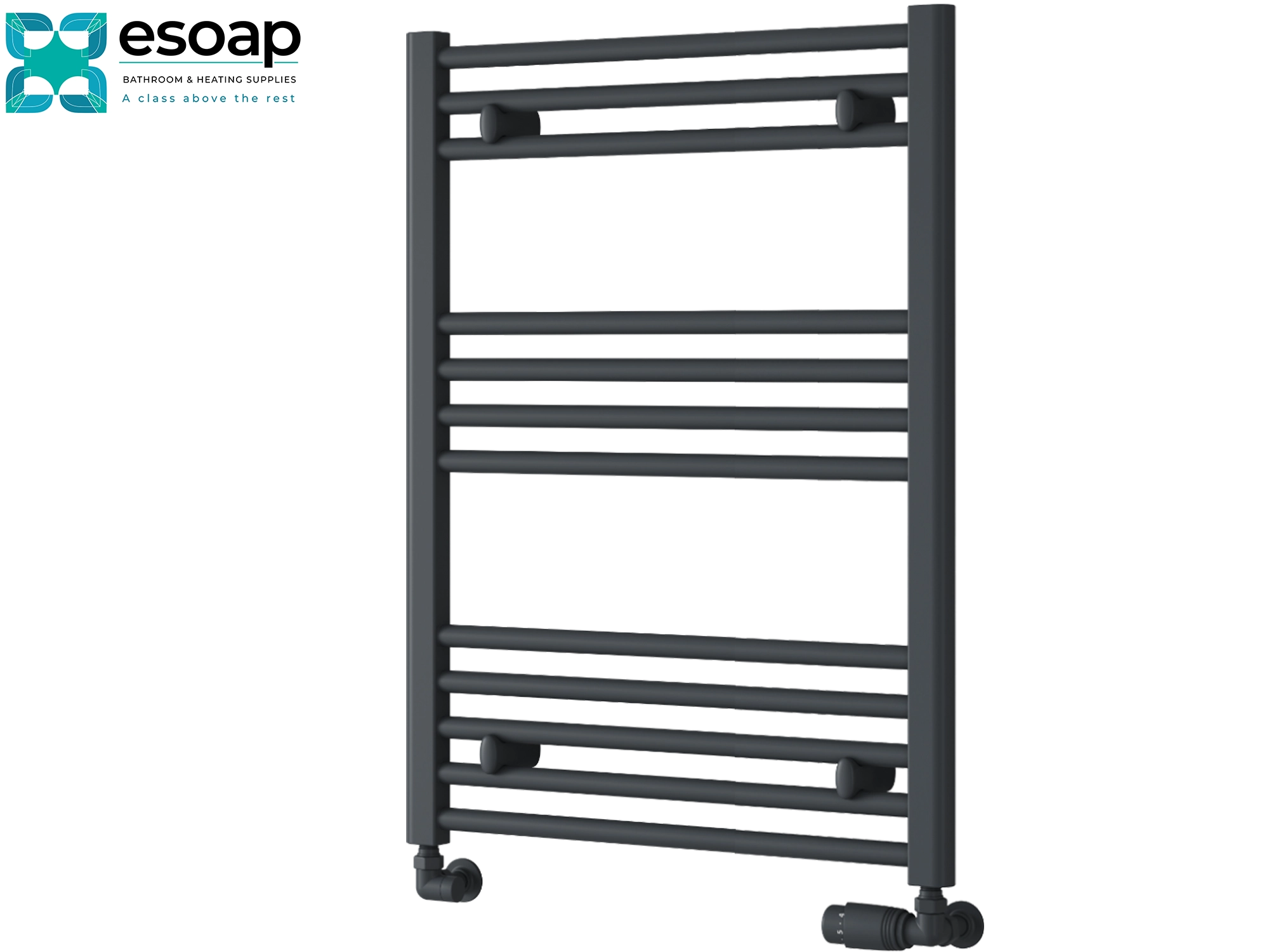 Anthracite towel radiator on a white background with Esoap logo.