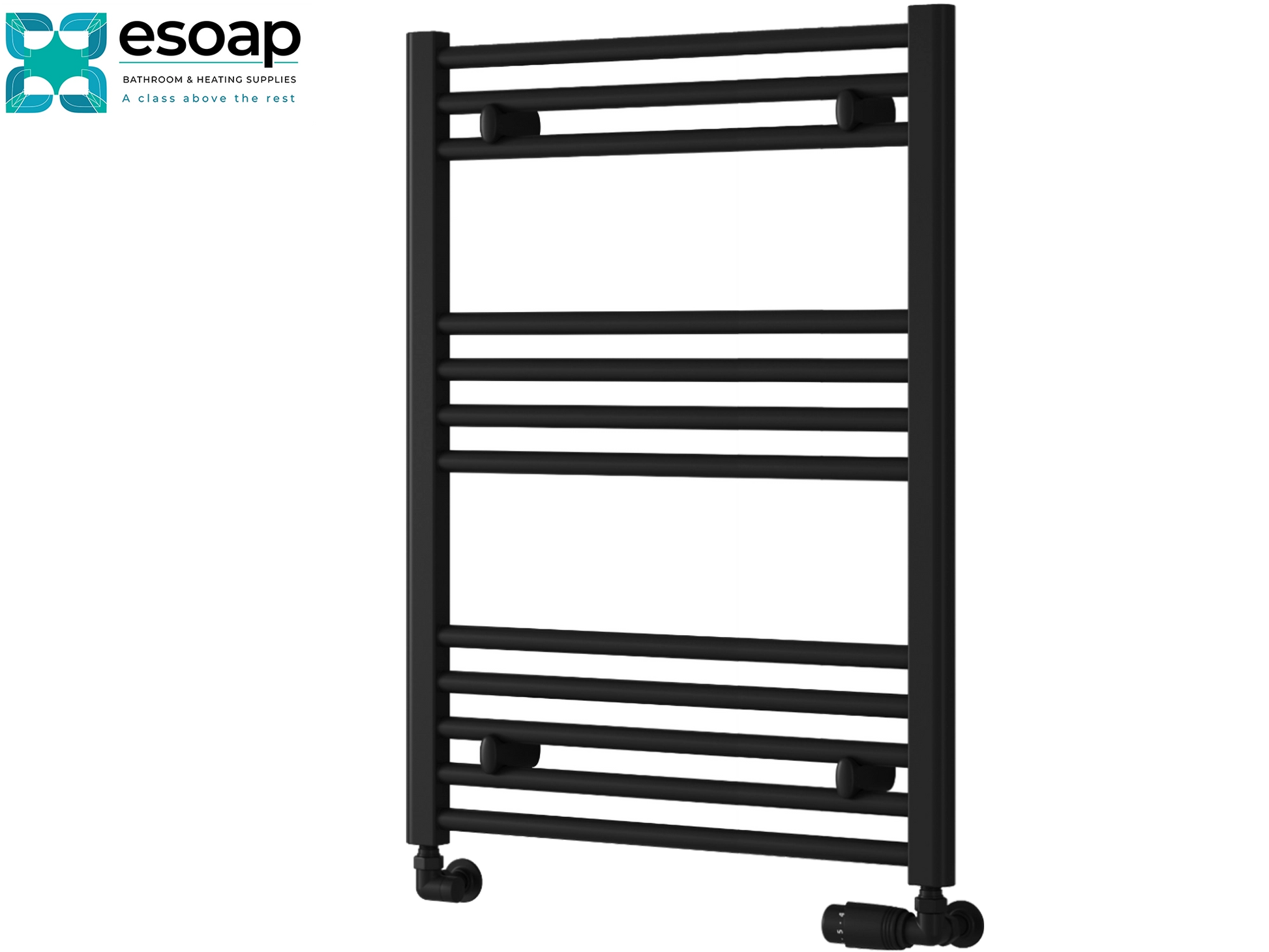 Black towel radiator 800x600 on a white background with 'esoap' branding.