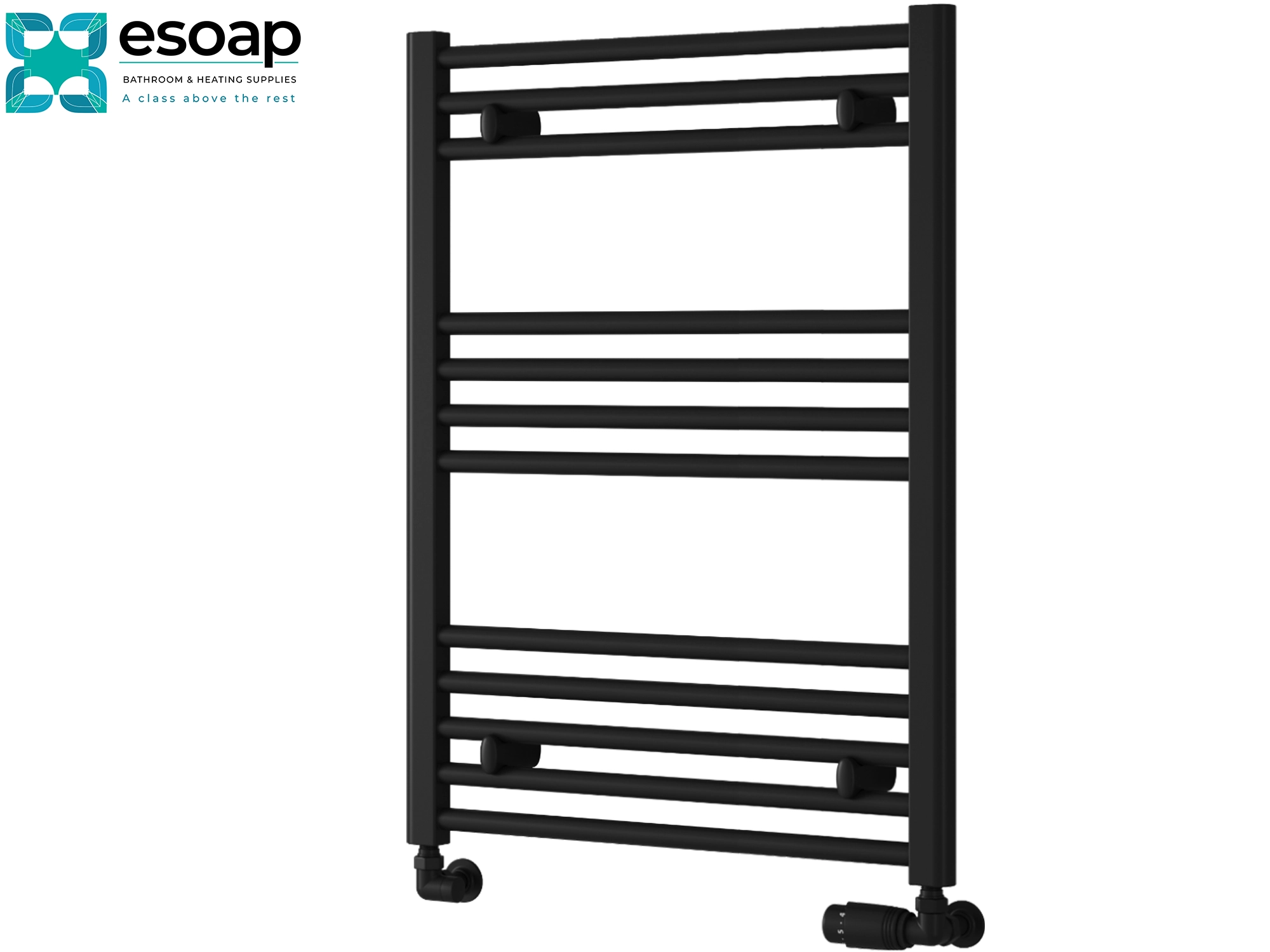 Black towel radiator 800x600 on a white background with 'esoap' branding.