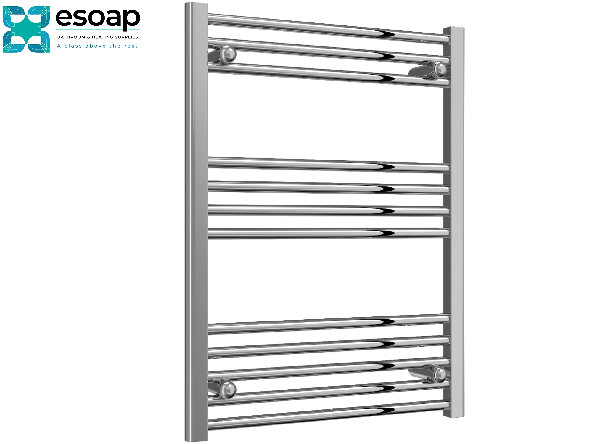 Chrome towel radiator 800x600 on a white background with Esoap branding.