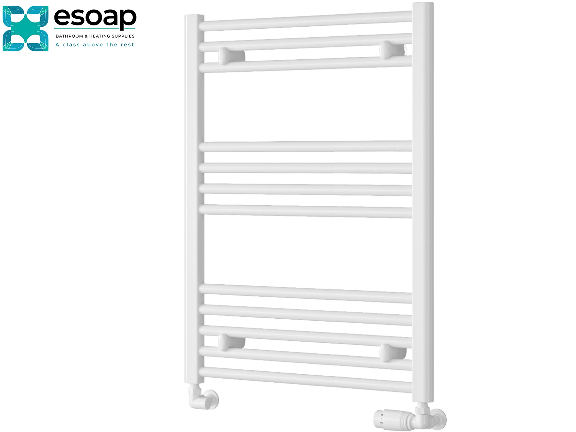 White towel radiator 800x600 on a white background with Esoap logo.