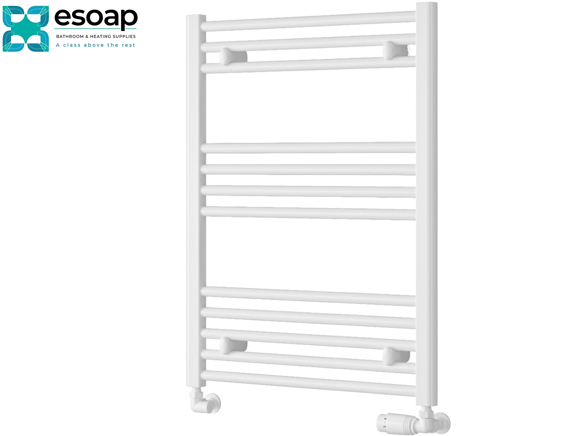 White towel radiator 800x600 on a white background with Esoap logo.