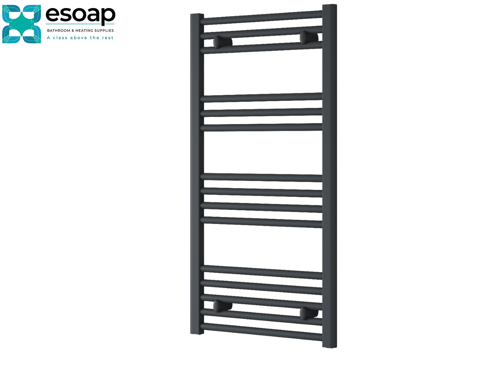 Anthracite towel radiator capo flat electric 1000 x 500 on a white background with Esoap branding.