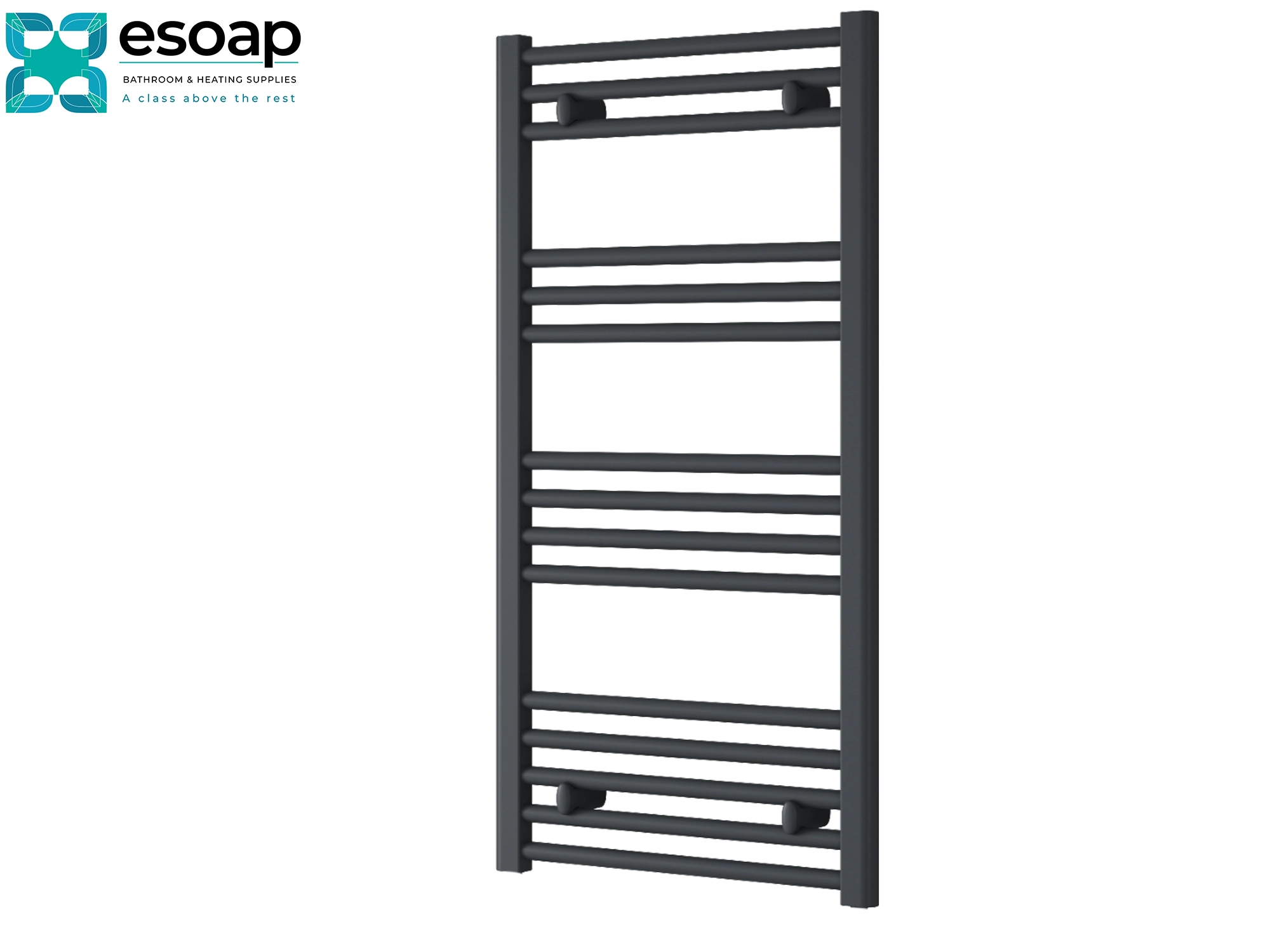 Anthracite towel radiator capo flat electric 1000 x 500 on a white background with Esoap branding.