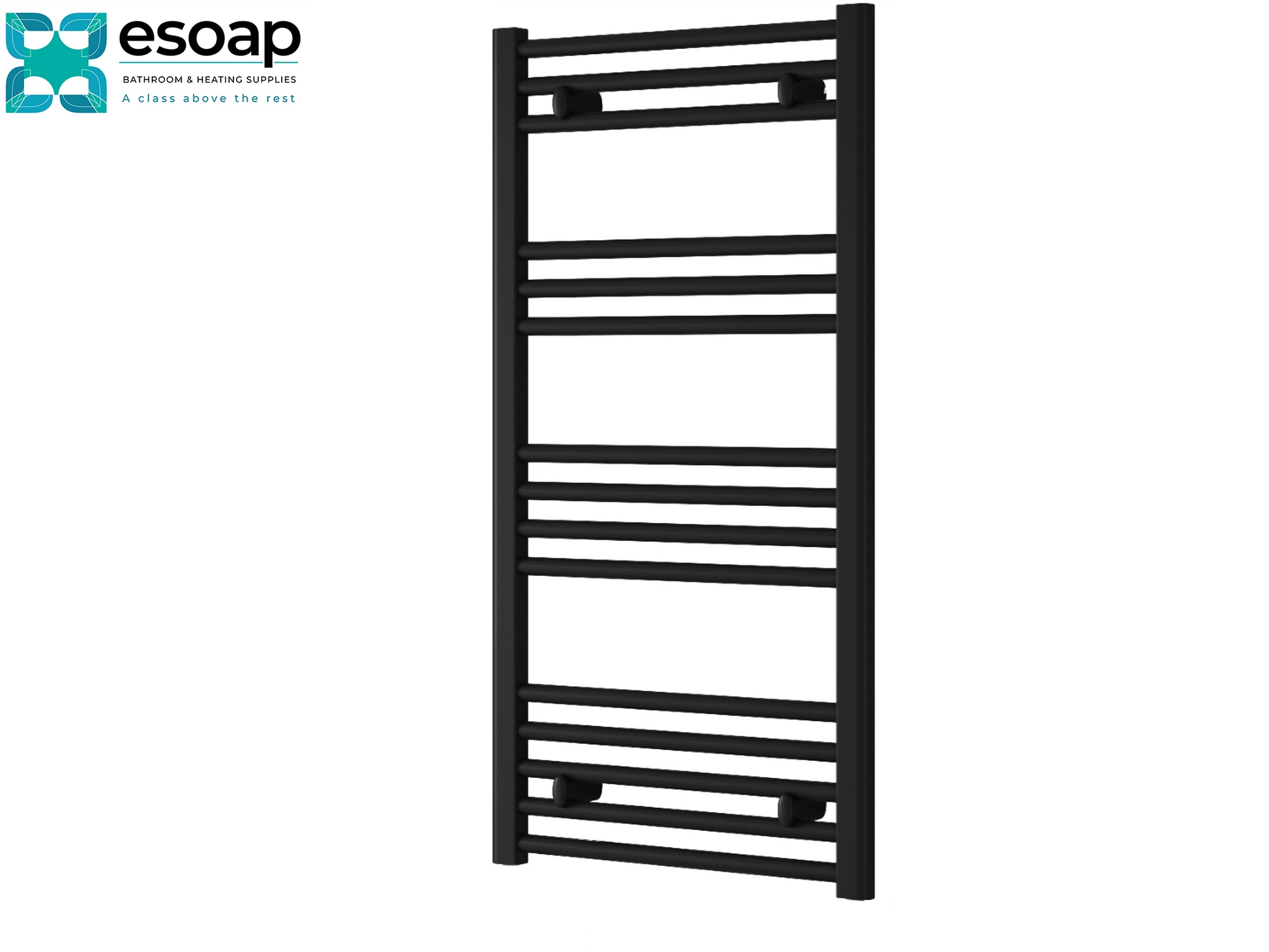 Black Towel Radiator capo flat electric 1000 x 400 in a white background with Esoap branding 