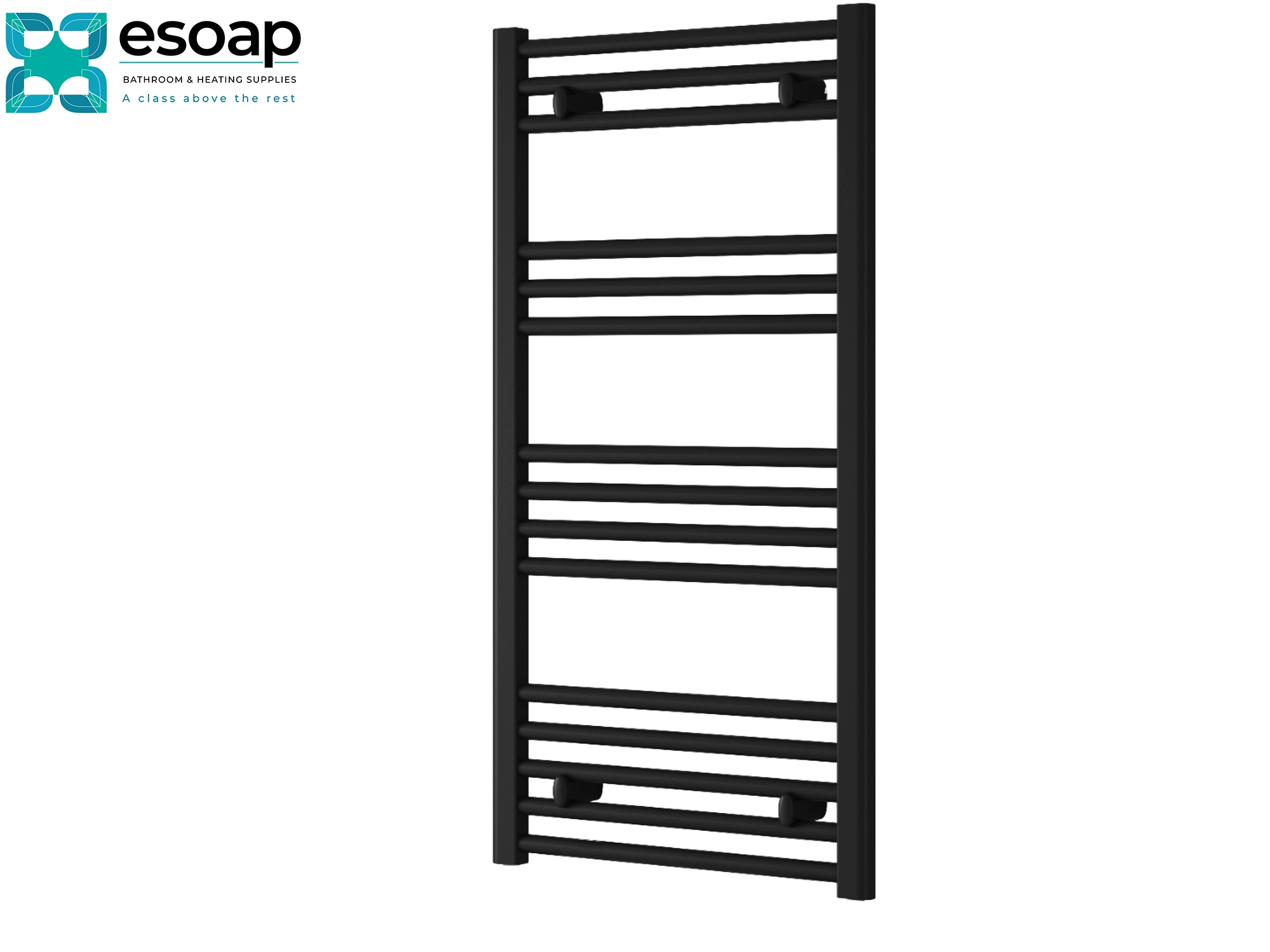 Black Towel Radiator capo flat electric 1000 x 400 in a white background with Esoap branding 