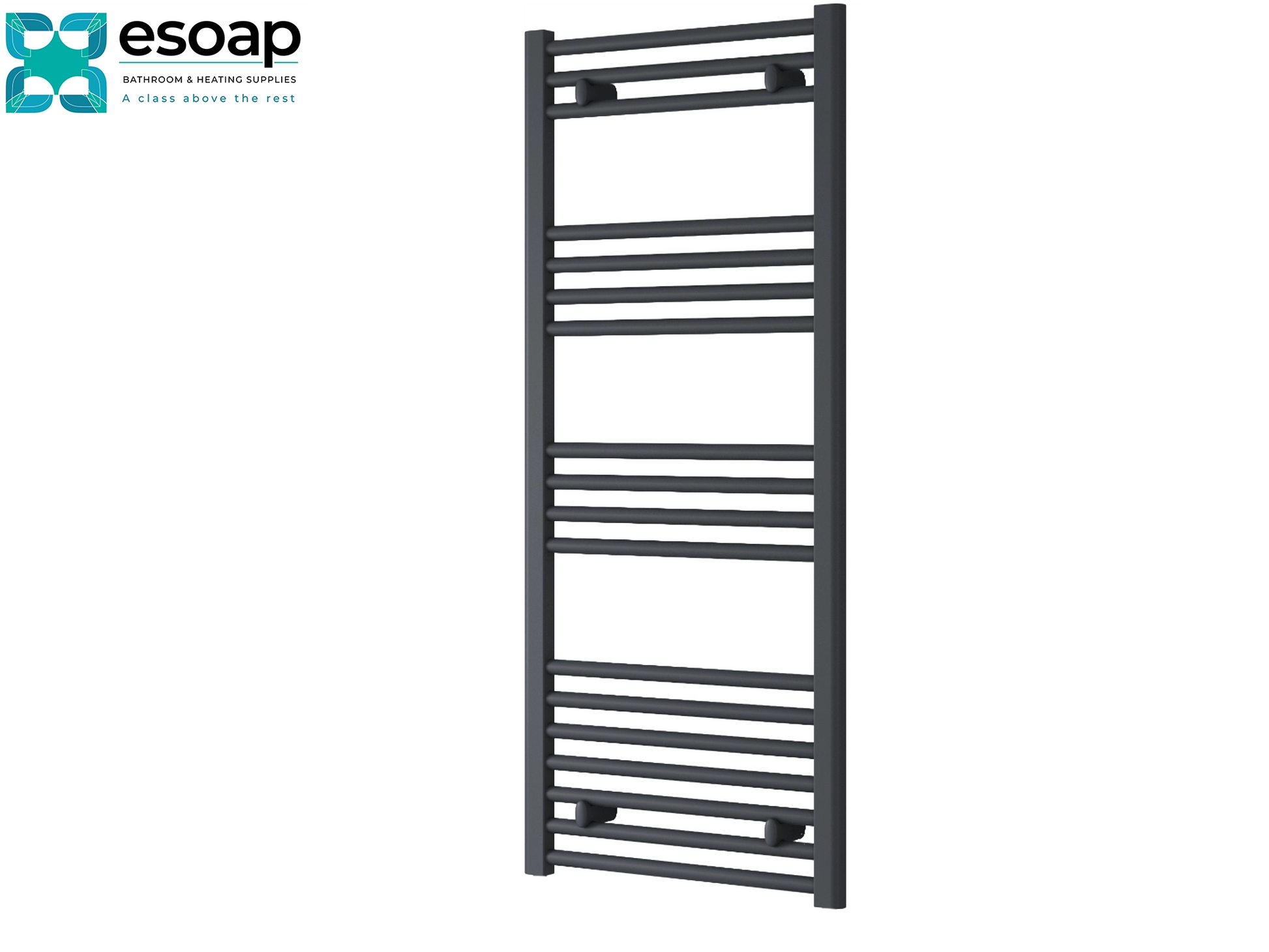Black towel radiator capo flat electric 1200 x 400 on a white background with 'esoap' branding.