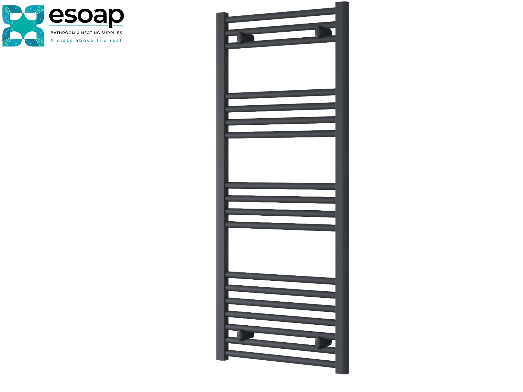 Black towel radiator capo flat electric 1200 x 400 on a white background with 'esoap' branding.