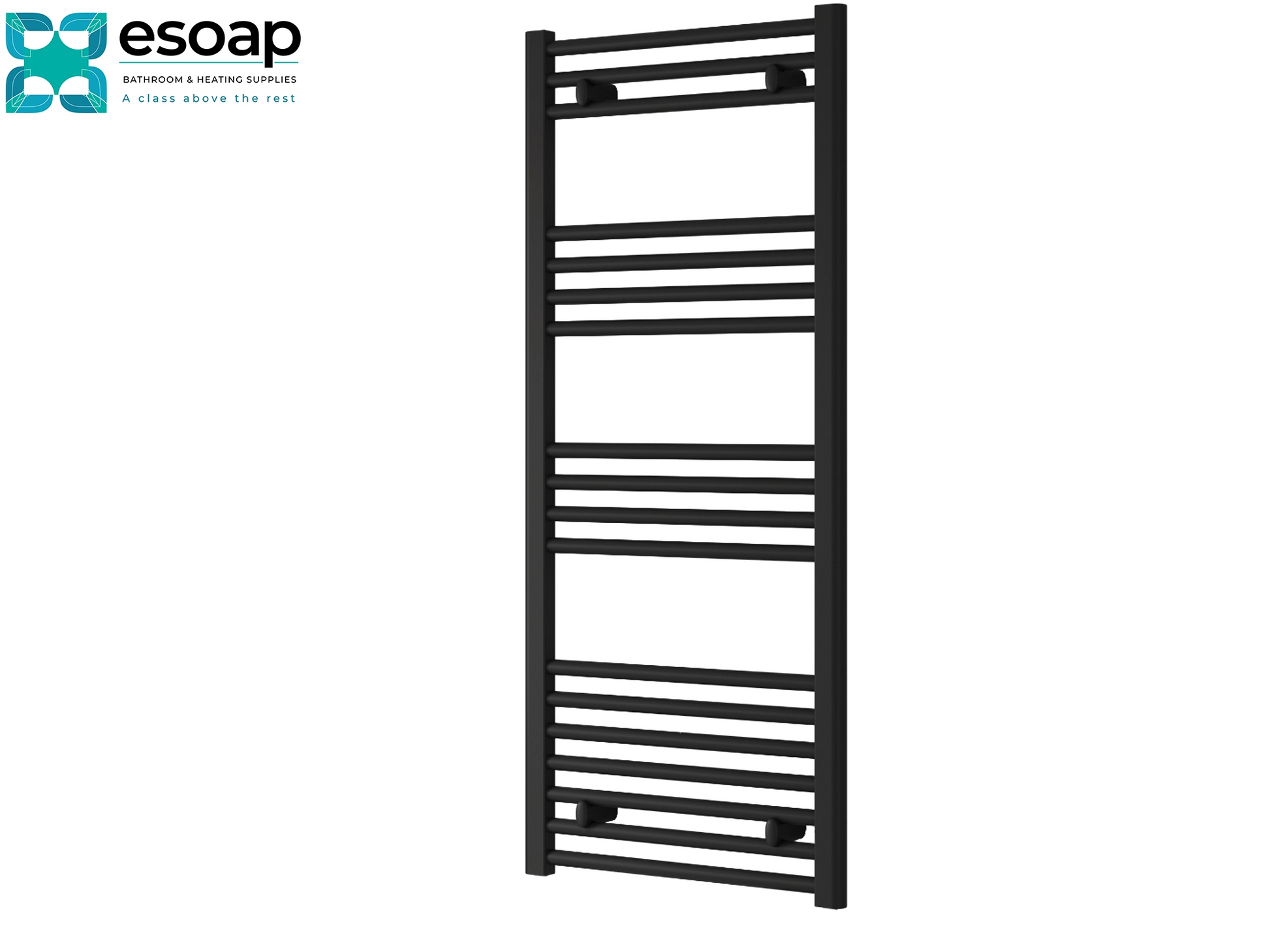 Black towel radiator capo flat electric 1200 x 500 on a white background with 'esoap' branding.