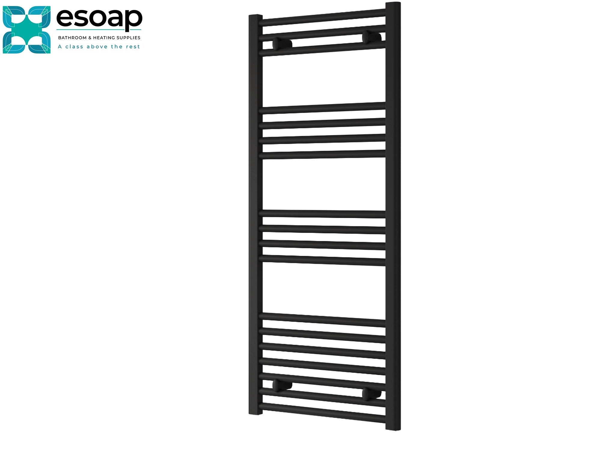 Black towel radiator capo flat electric 1200 x 500 on a white background with 'esoap' branding.