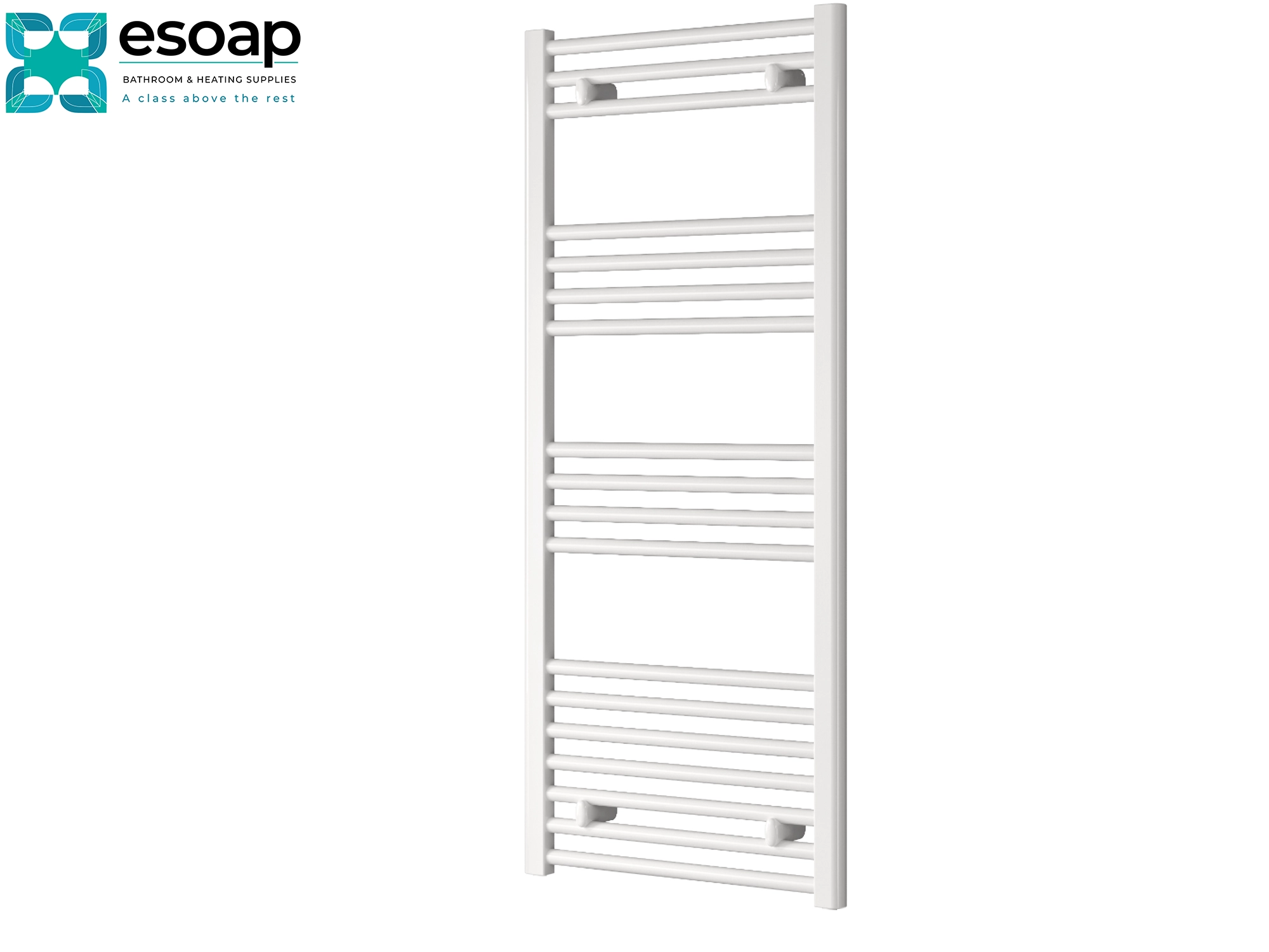 White towel radiator capo flat electric 1200 x 400  on a white background with 'esoap' branding.