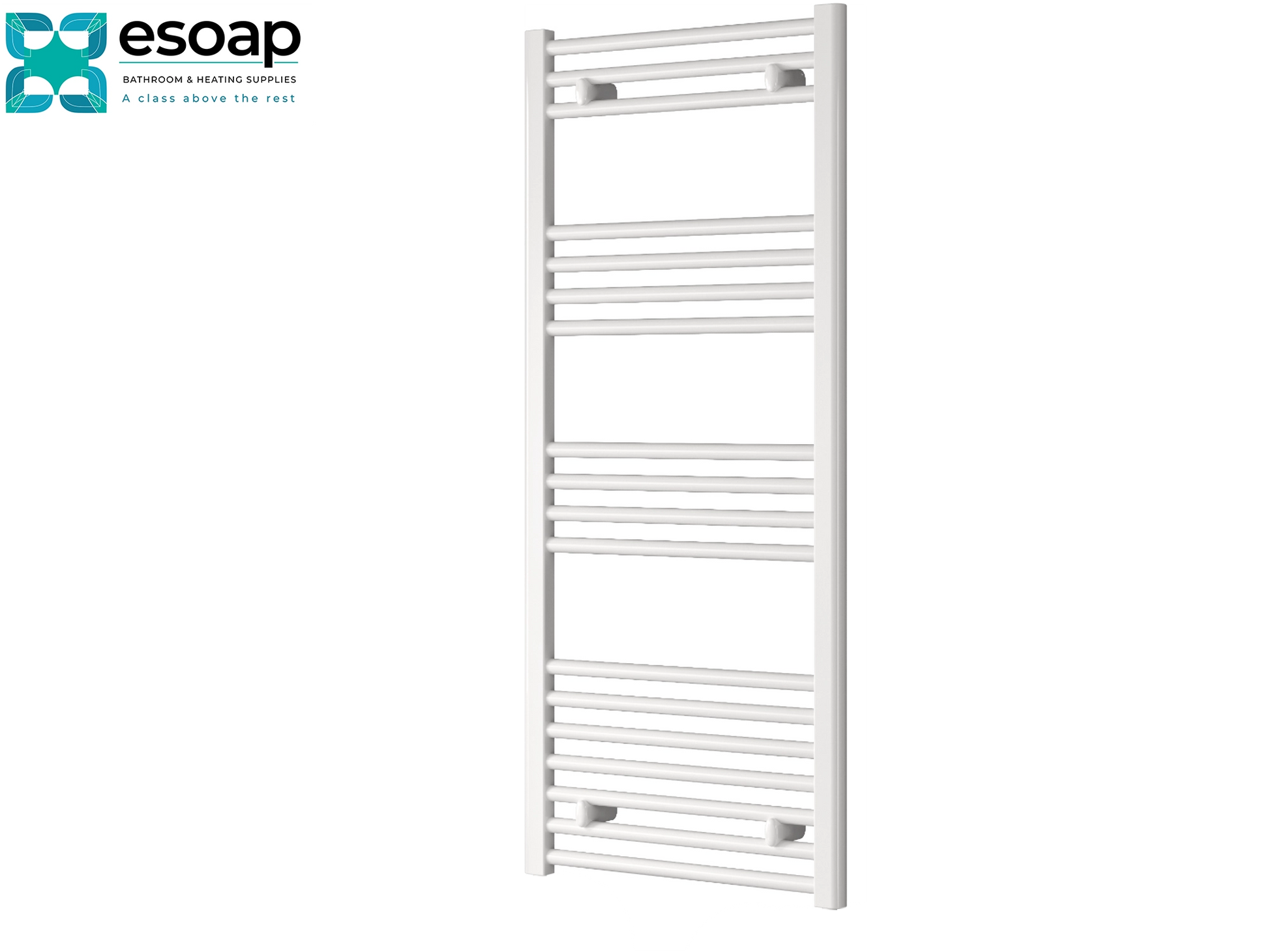 white towel radiator capo flat electric 1200 x 500 on a white background with Esoap branding 