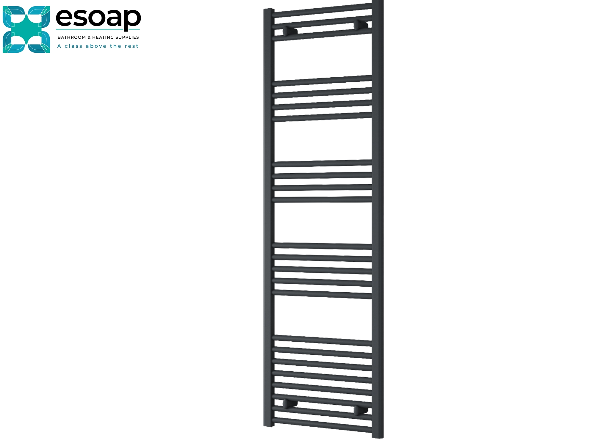 Black towel radiator capo flat electric 1600 x 500  on a white background with 'esoap' branding.