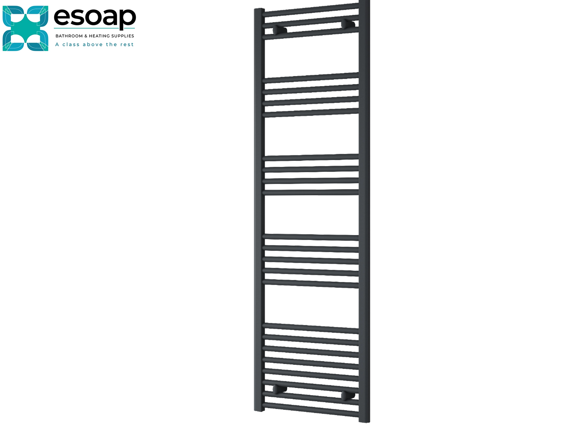 Black towel radiator capo flat electric 1600 x 400 on a white background with 'esoap' branding.