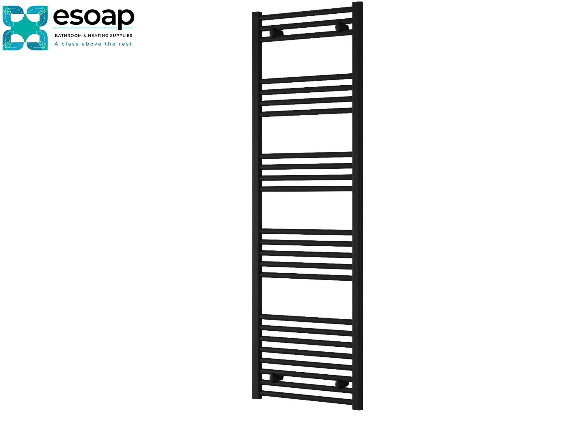 Black towel radiator capo flat electric 1600 x 500 on a white background with Esoap branding.